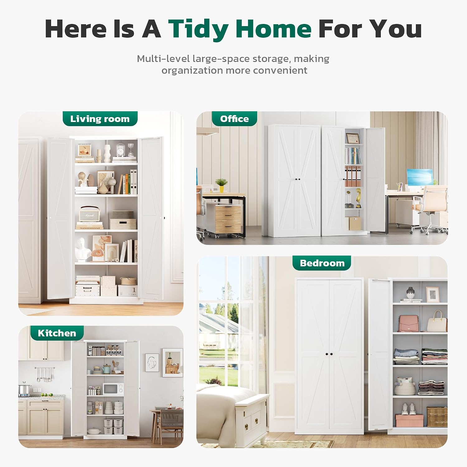 Greenvelly Metal Cabinet, 63' H White Metal Storage Cabinet with Doors and 4 Shelves, Pantry Storage Cabinet for Kitchen, Bedroom, Living Room, Office (Farmhouse)