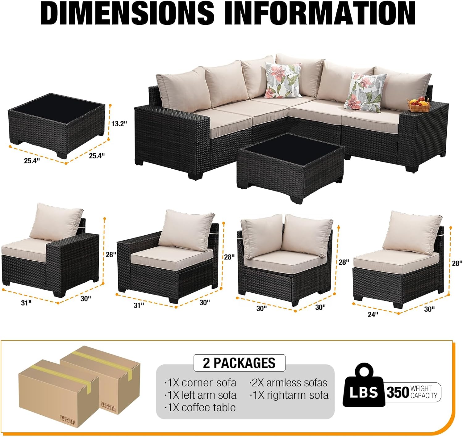 6-Piece Outdoor Patio Furniture Set, Modular Wicker Sectional Sofa with Thick Cushions & Coffee Table, All-Weather Rattan Conversation Set for Backyard, Porch, Poolside, Beige
