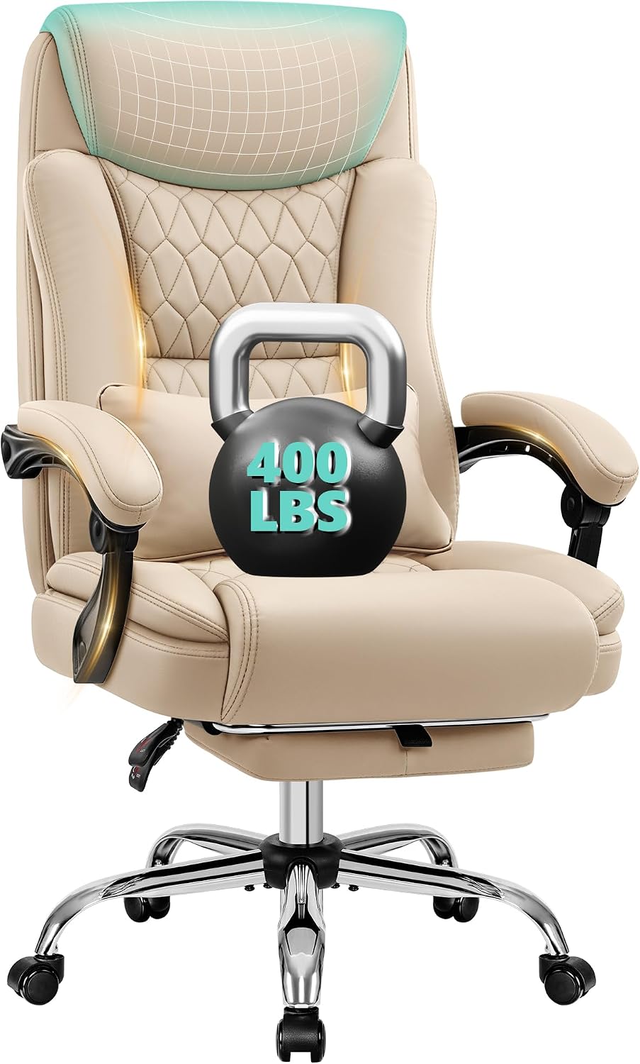 Big and Tall Office Chair 400lbs - Wide Memory Foam Seat with Spring Pack, Reclining Executive Desk Chair with Footrest, Ergonomic Heavy Duty High Back Computer Chair, Khaki
