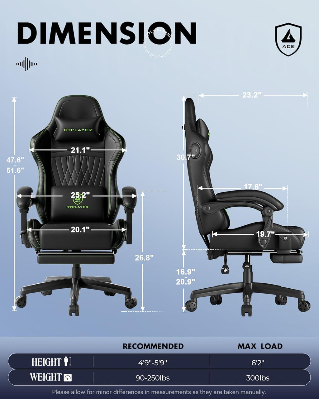 GTPLAYER Gaming Chair for Adults, Ergonomic Video Game Chairs, Footrest & Linkage Armrest, Reclining High Back Silla Gamer with Speakers for Home Office, Ace Pro, Black & Green