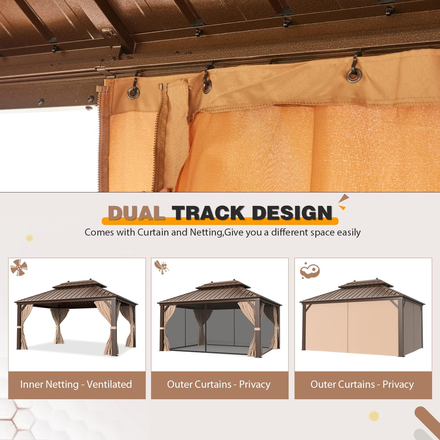 EROMMY 12'x16' Hardtop Gazebo Galvanized Steel Outdoor Aluminum Double Roof Canopy with Netting and Shaded Curtains Permanent Metal Pavilion for Patio, Backyard and Deck