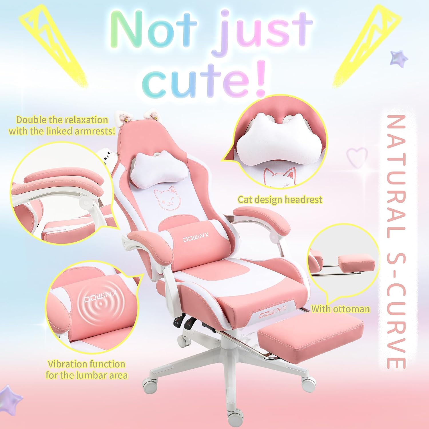 Dowinx 5TE5 Gaming Chair Cute with Cat Ears and Massage Lumbar Support, Ergonomic Computer Chair Footrest and Headrest, Comfortable Reclining Game Chair 290lbs for Adult, Teen, Pink