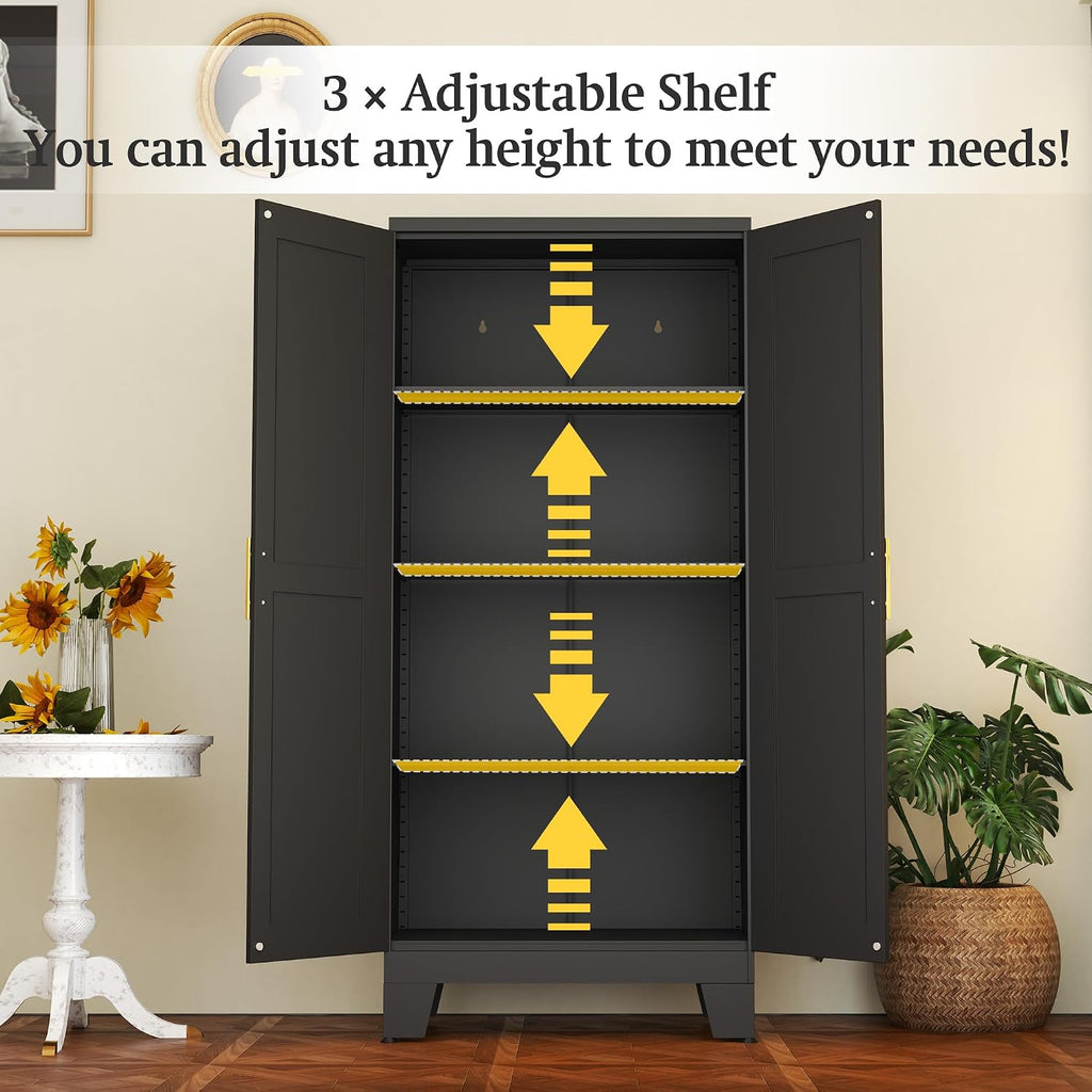 Black Metal Storage Cabinet, 61' Steel Cabinets for Home Office, Kitchen Pantry Storage Cabinet with Doors and 3 Adjustable Shelves, Metal Tool Cabinet, for Office, Home, Garage, School