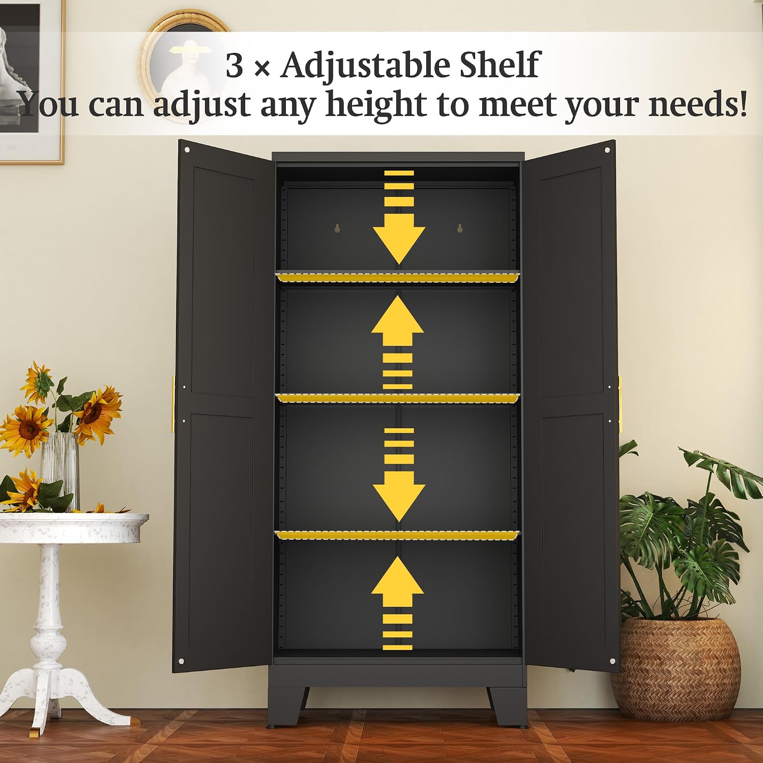 Black Metal Storage Cabinet, 61' Steel Cabinets for Home Office, Kitchen Pantry Storage Cabinet with Doors and 3 Adjustable Shelves, Metal Tool Cabinet, for Office, Home, Garage, School