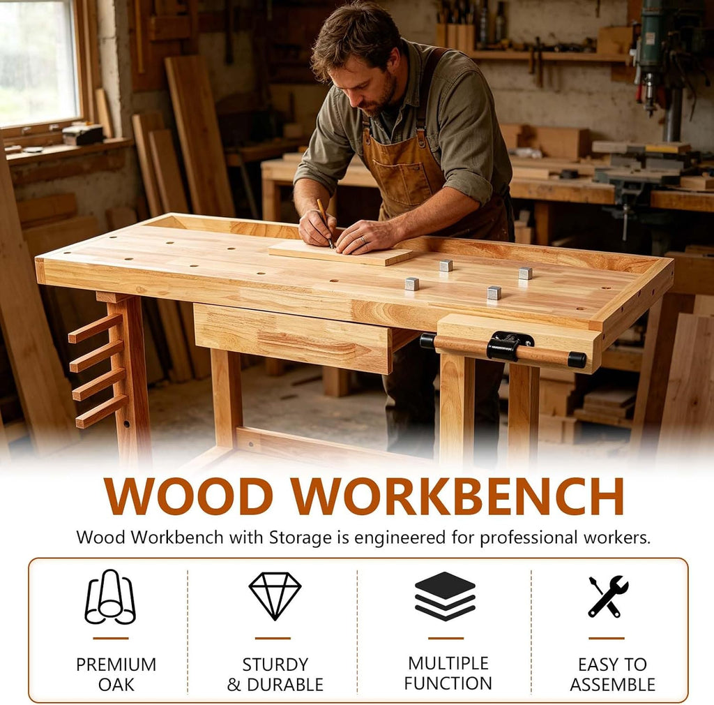 55' Rubber Wood Workbench, Heavy Duty Work Bench with Drawer& Shelf, Work Bench Table for Garage, Workshop, Home Storage, Woodworking Bench, 330 lbs Weight Capacity (48')