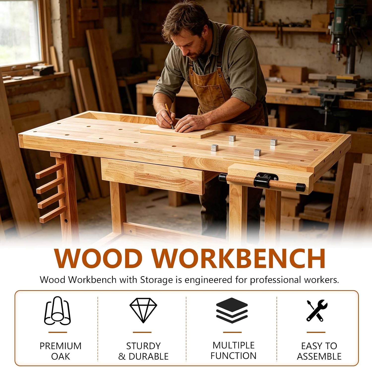 55' Rubber Wood Workbench, Heavy Duty Work Bench with Drawer& Shelf, Work Bench Table for Garage, Workshop, Home Storage, Woodworking Bench, 330 lbs Weight Capacity (48')