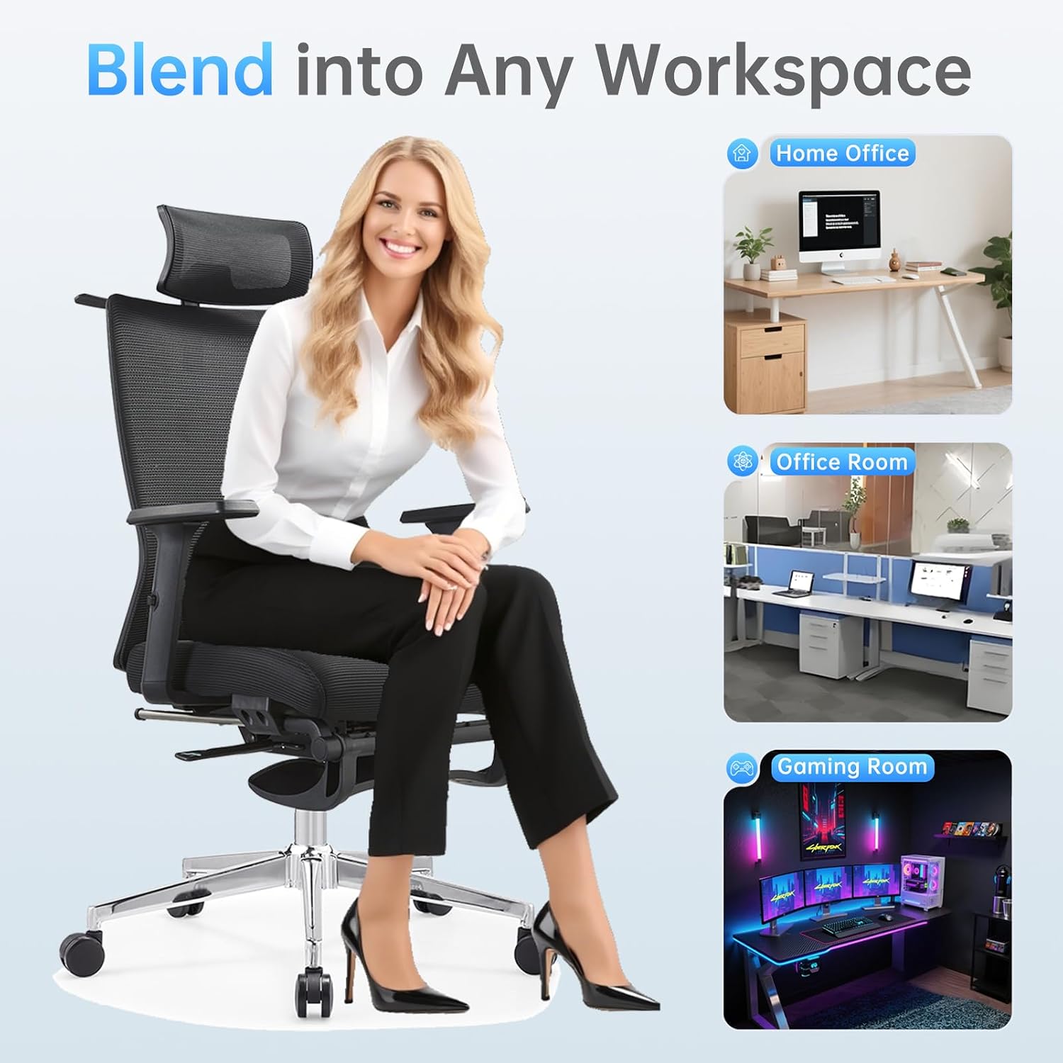 Ergonomic Office Chair with Footrest, 145° Reclining, Adjustable Lumbar & Headrest, 3D Armrests, Silent Casters, Heavy Duty Steel Base, 350 LB Capacity, Swivel Desk Chair for Home Office