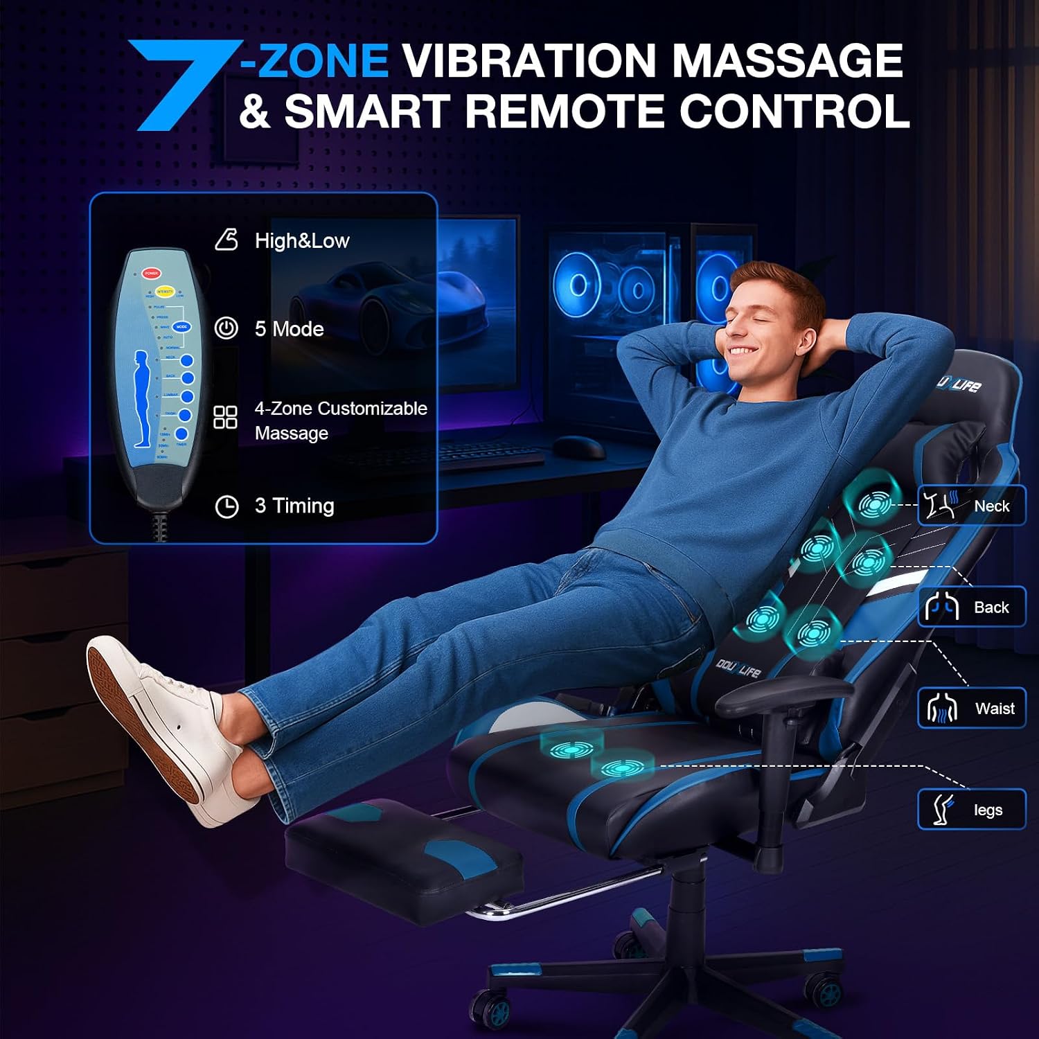 Douxlife 7-Point Massage Gaming Chair with Footrest, 400lbs Heavy Duty Ergonomic Computer Chair, 175° Reclining High Back Racing Seat for Adults with Adjustable Armrests & Lumbar Support, Blue