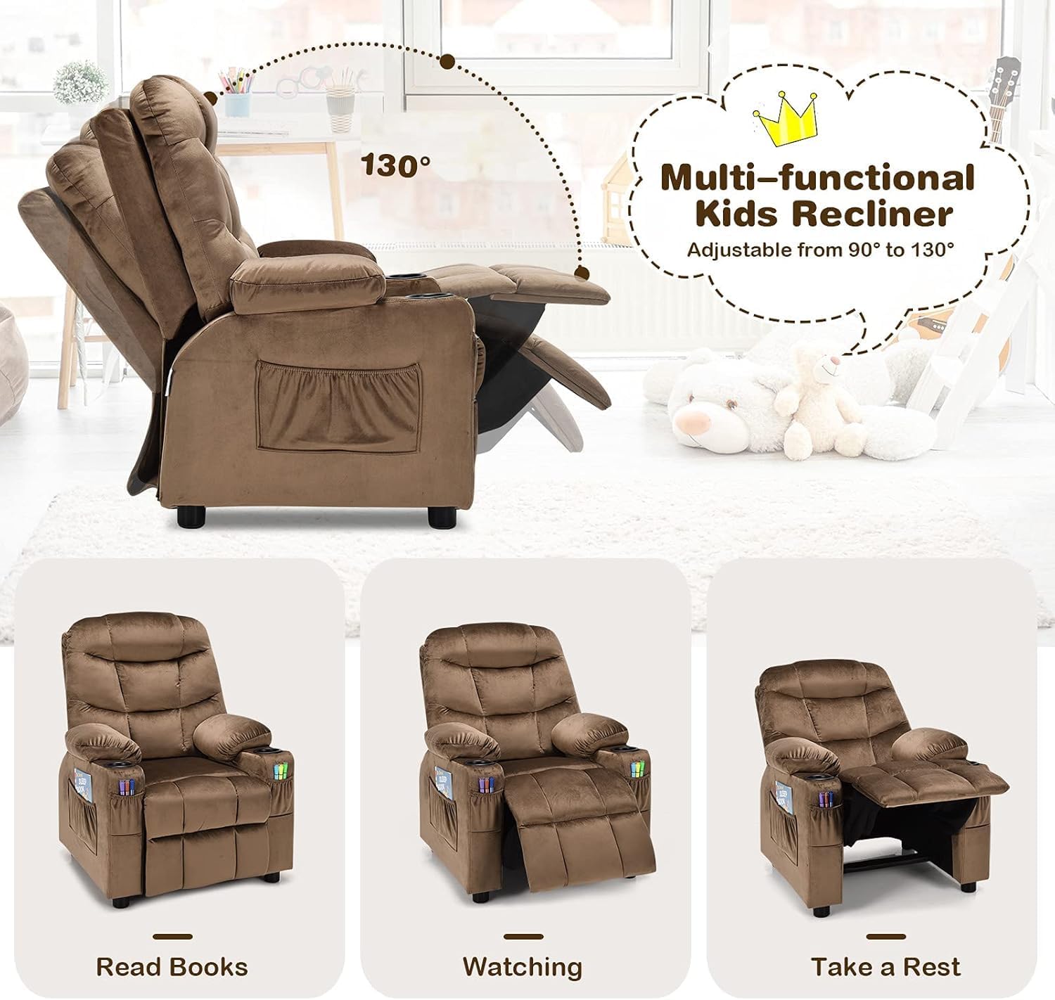 HOMGX Children's Recliner Chair, Velvet Material, Leisure Lounge Chair w/Side Pockets and Footrests, Ergonomically Adjustable Sofa Furniture, Suitable for Living Room (Brown)