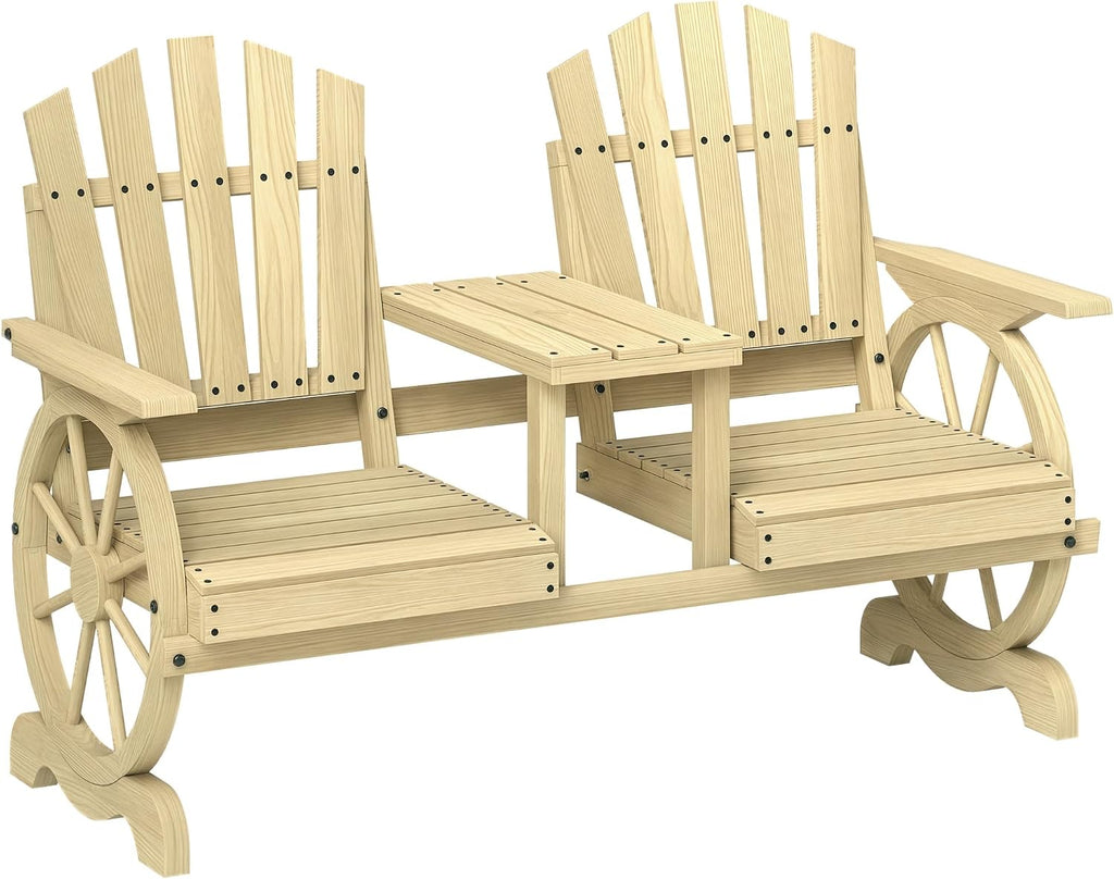 Outsunny Wooden Garden Bench with Table, Umbrella Hole, 2-Seater Wagon Wheel Outdoor Bench with Slatted Seat, High Backrest, Armrests for Backyard, Patio, Garden, Natural Wood