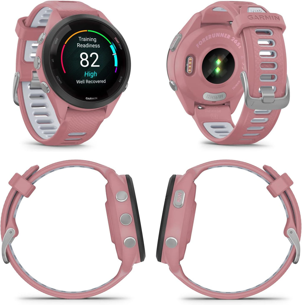 Garmin Forerunner 265S Music GPS Running 42 mm Smartwatch, Pink with AMOLED 1.1in Touchscreen Display Black Earbuds Bundle, Pink +Blk EarBuds