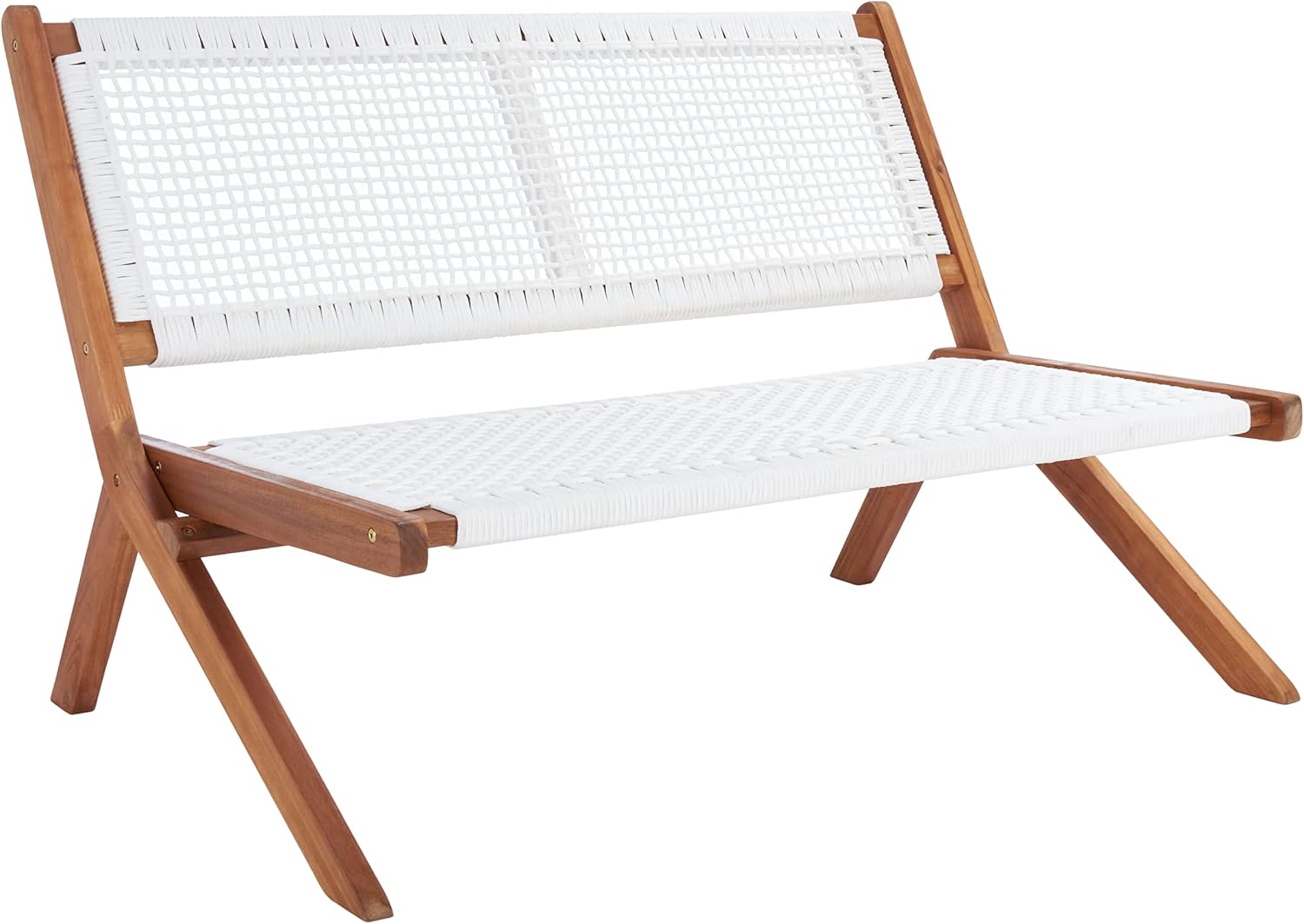 SAFAVIEH Outdoor - Kobina Folding Bench - Natural & White - Solid Wood and Rope - Modern Sculpted Folding Design - Ideal for Patio, Deck, Porch, Backyard, 13.8' Seat Height (PAT7304D)