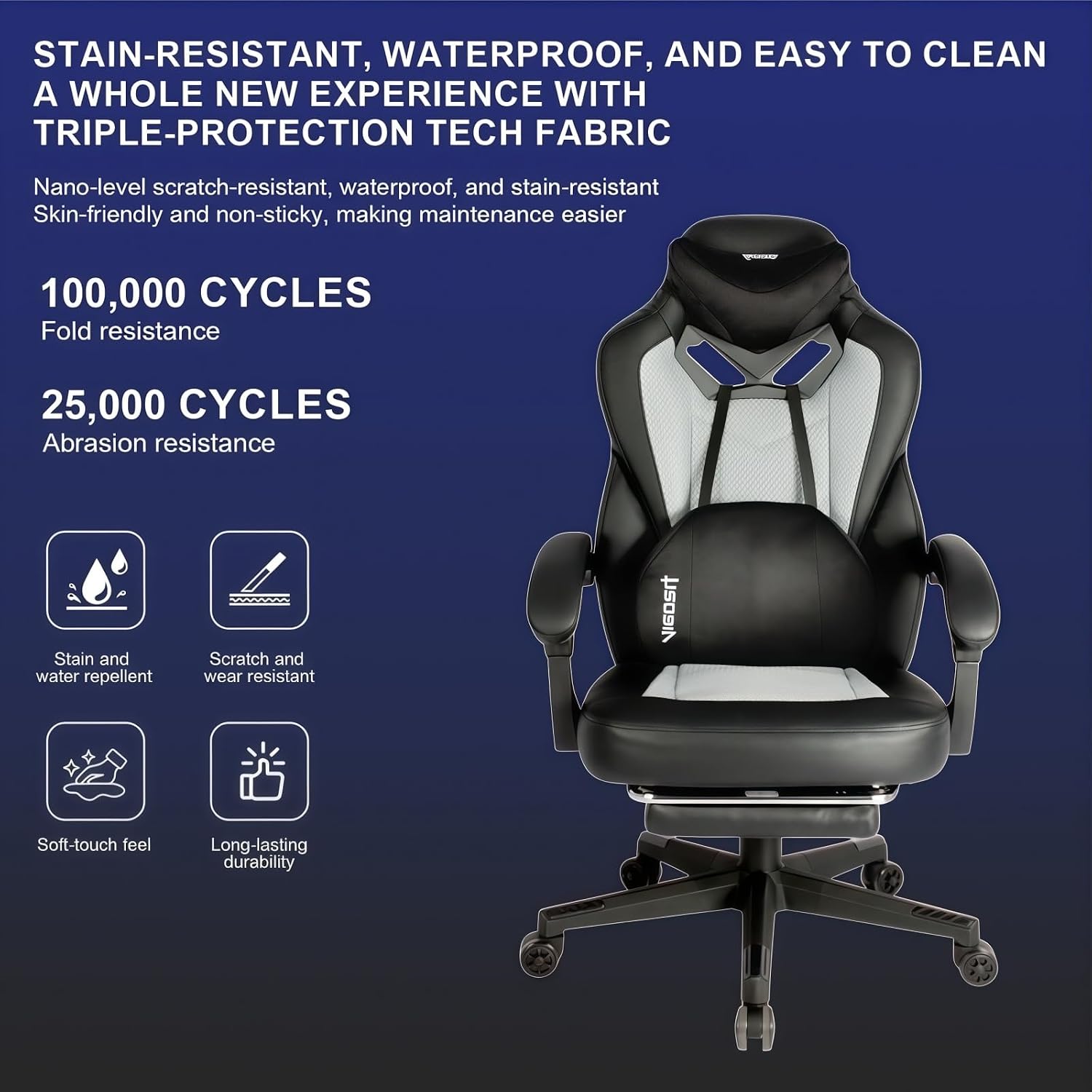 Vigosit Gaming Chair PRO, Ergonomic Gaming Chairs for Adults Heavy People, Massage Reclining Office Desk Computer Chair with Footrest and Lumbar Support, Big Tall Mesh Gamer Chair with Cushion (Grey)