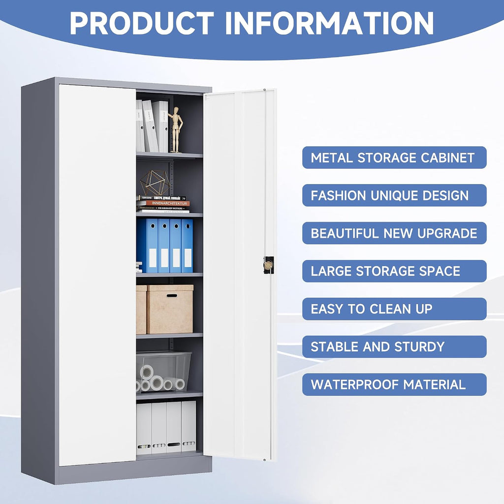 Metal Cabinet,Locking Storage Cabinet with 2 Doors and 5 Adjustbale Shelves,72' Tall Tool Steel Cabinets for Garage,Home Office,School,Gym(Grey & White)