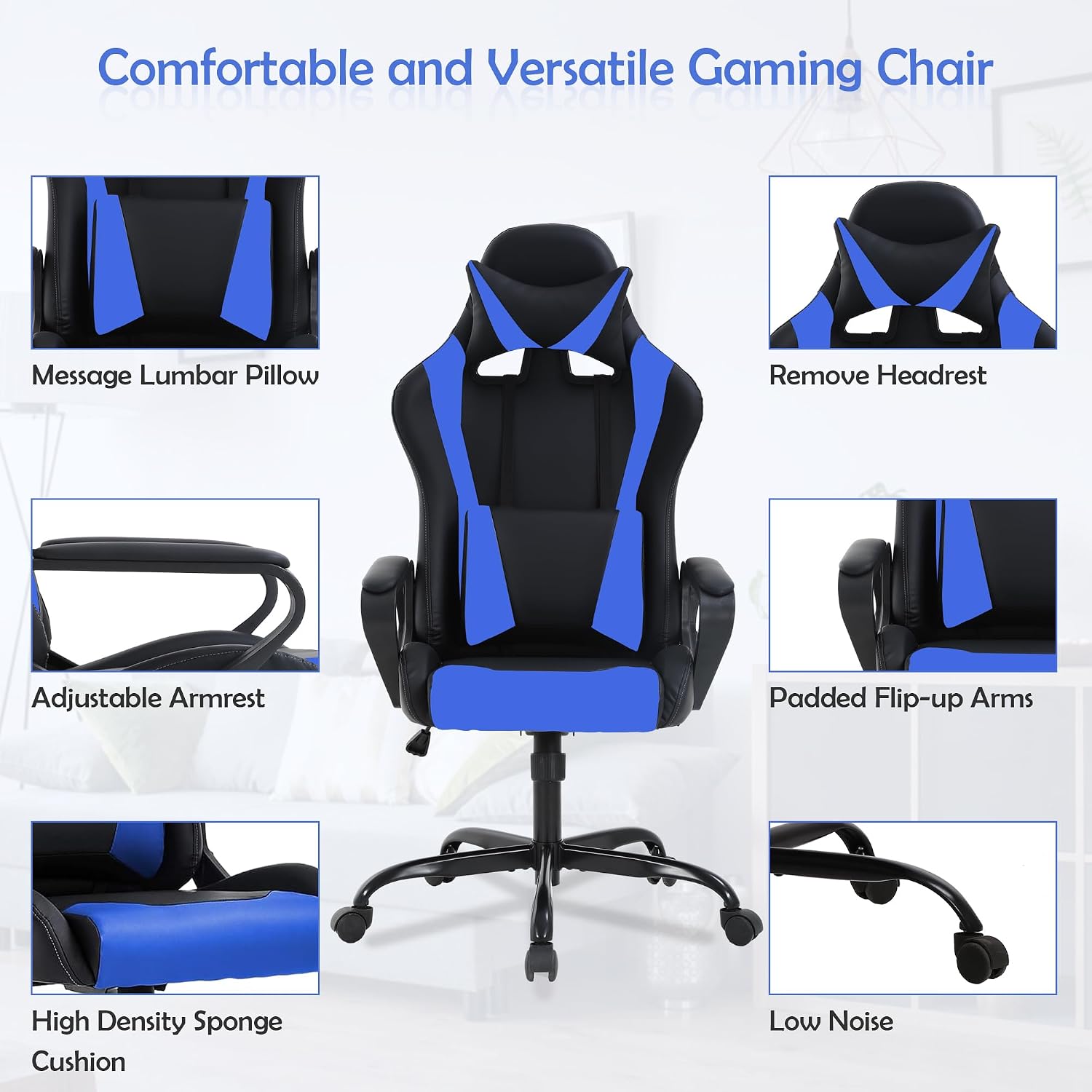 Video Game Chair Gaming Chair Computer High Back Office Desk Chair with Lumbar Support Adjustable Swivel Reclining Rolling PU Leather Game Chairs (Blue)