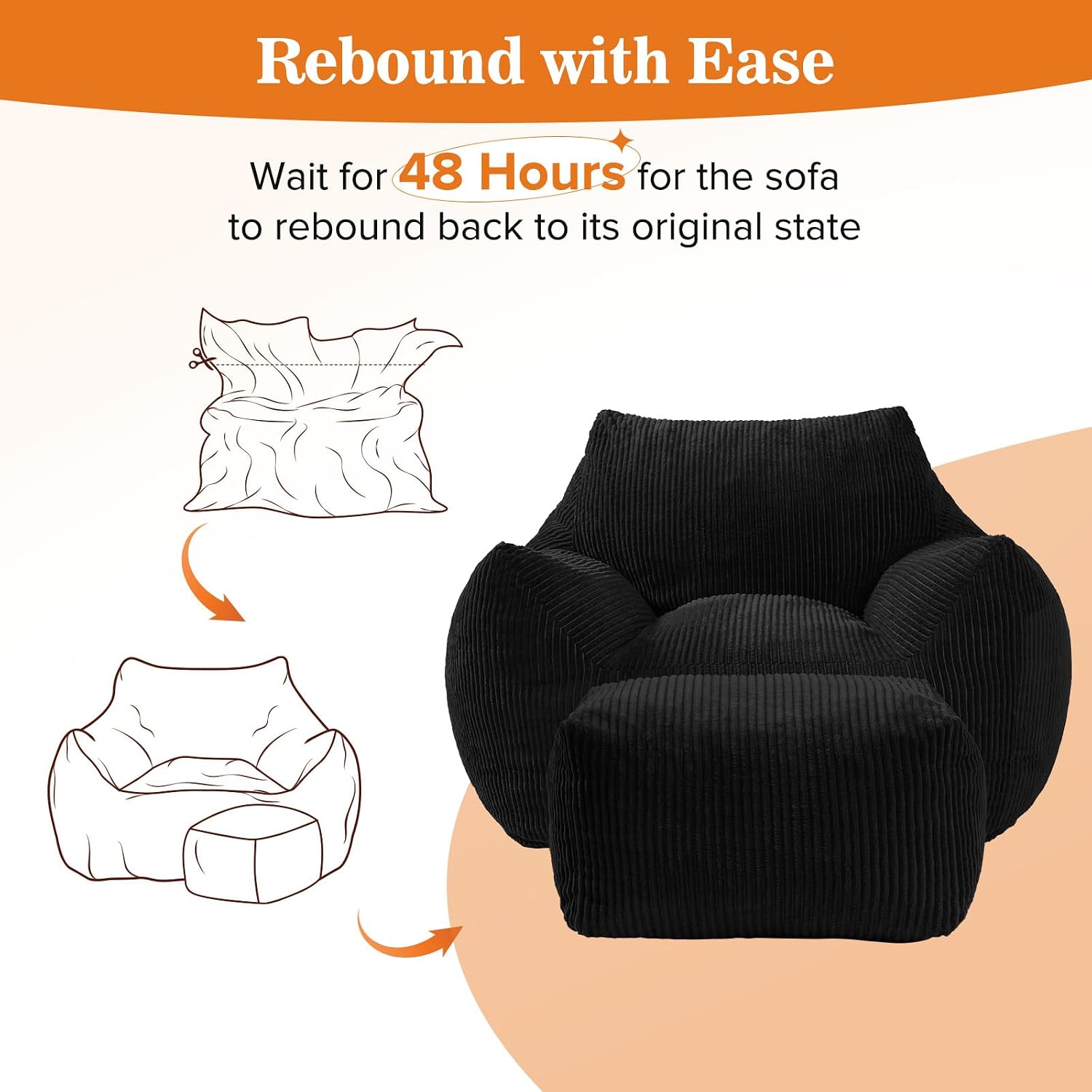Big Bean Bag Chair for Adults, Ultra Soft Living Room Bean Bag with Armrests & Ottoman, Stuffed BeanBag Chair for Napping, Gaming, Vacuum-Compressed for Easy Gifting, 48h to Expand, Black