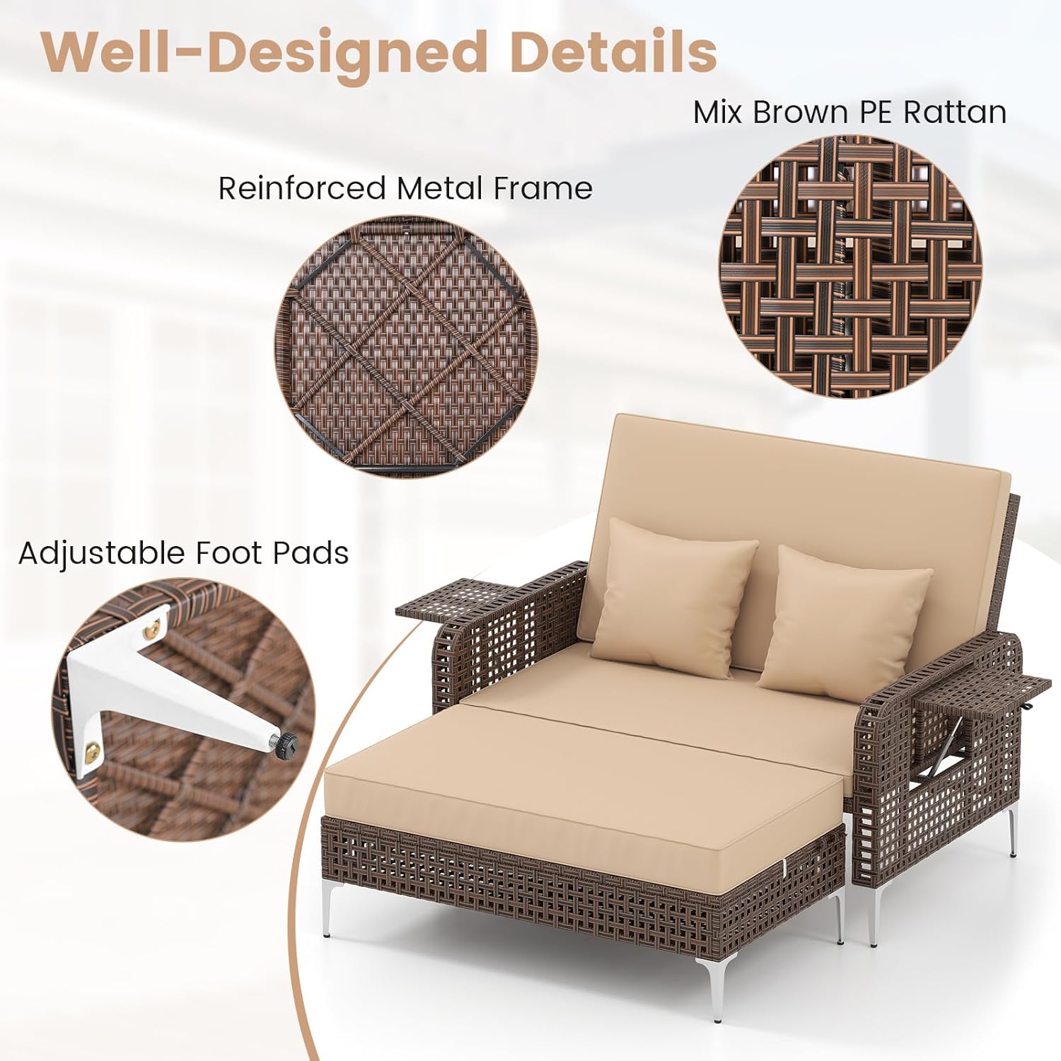 Tangkula Patio Rattan Daybed with 4-Level Adjustable Backrest, Boho Outdoor Wicker Loveseat & Storage Ottoman with Cushion, 2-Person Sun Lounger with Folding Tables for Poolside, Backyard & Garden