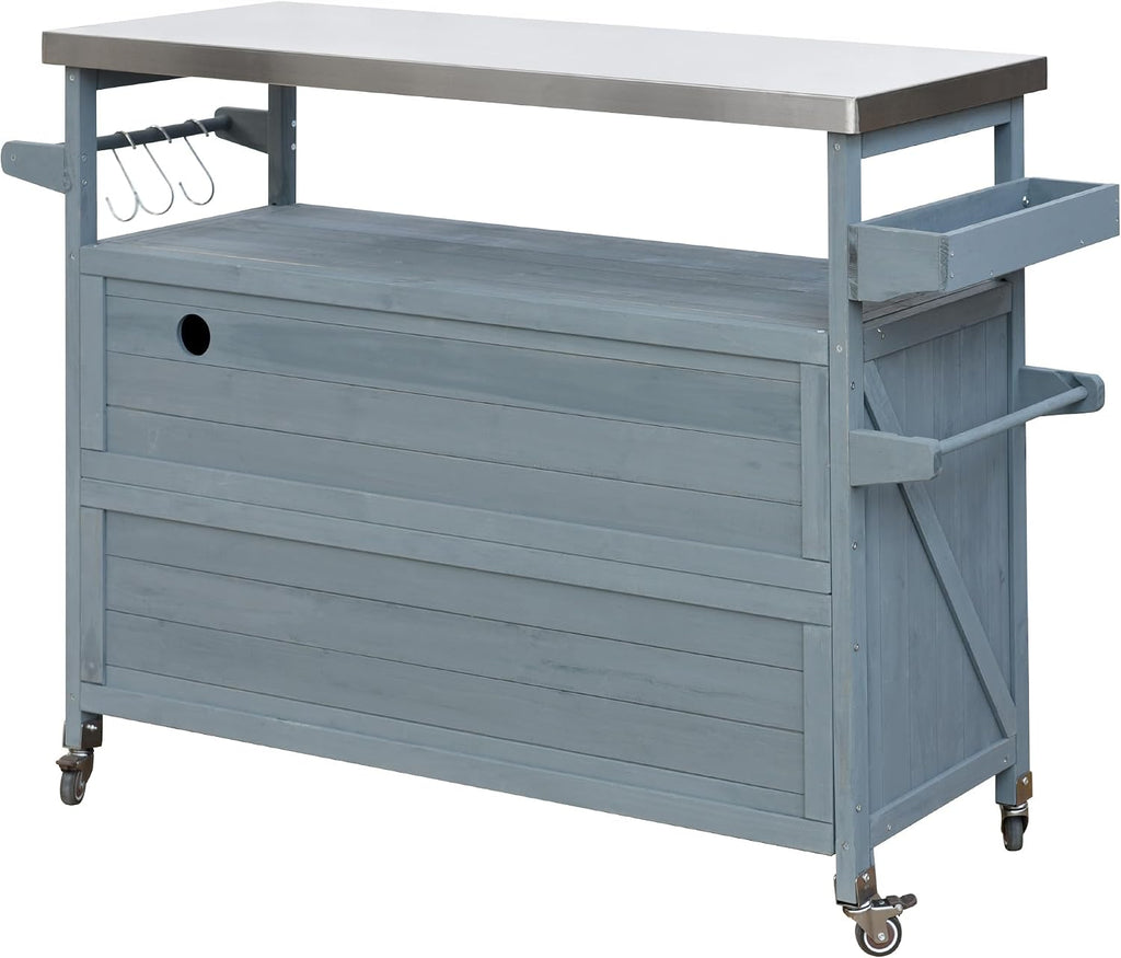 Merax Outdoor Kitchen Island, Rolling Bar Cart & Storage Cabinet, Farmhouse Solid Wood Outdoor Grill Table with Stainless Steel Top, Spice Rack, Towel Rack for Kitchen & BBQ, Grey Blue