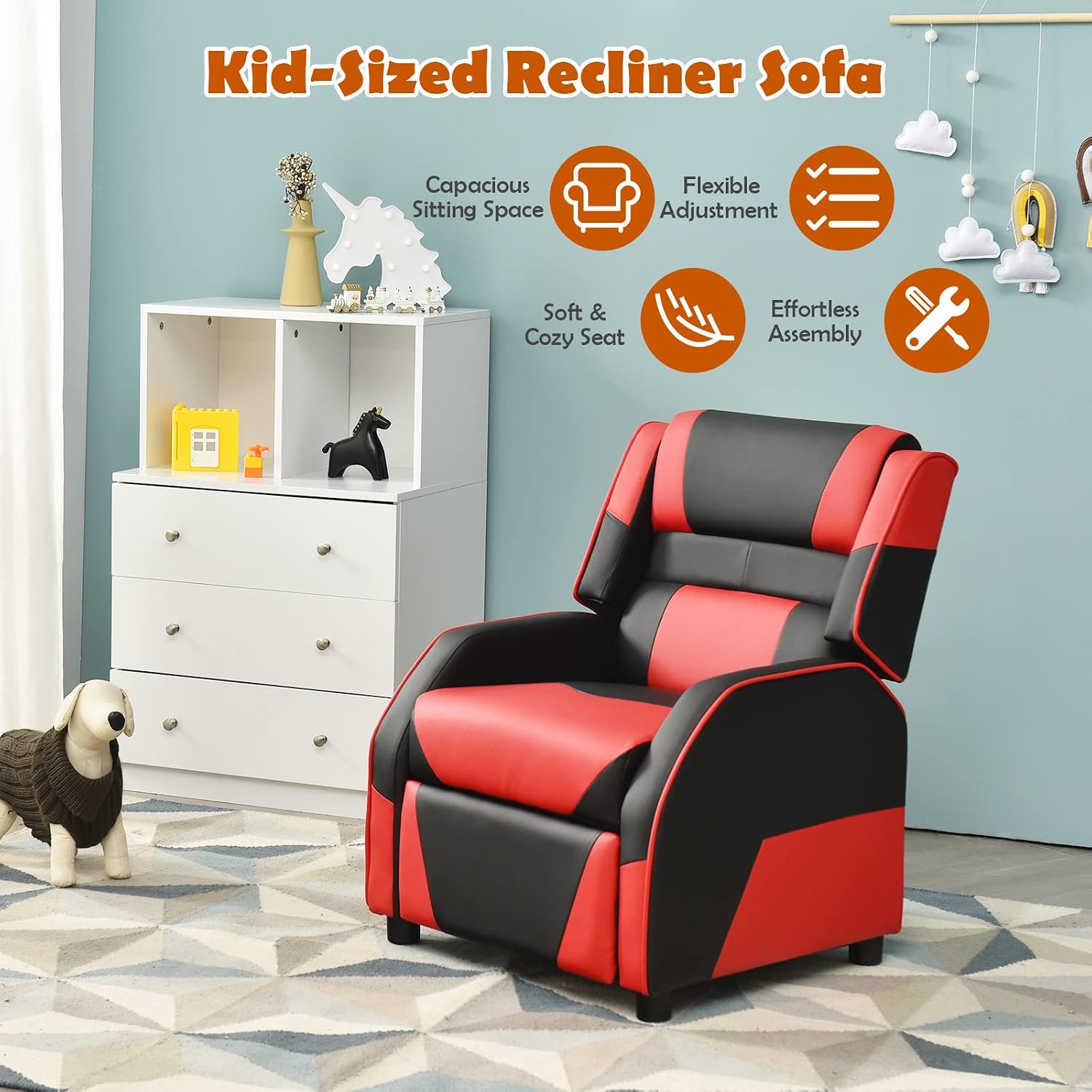 COSTWAY Kids Recliner Sofa, Toddler Leather Recliner with Adjustable Footrest & Headrest, Gaming Reclining Chair for Boys Girls Aged 3 Years Up, Kid-Sized Lounge Chair for Living Room (Red)