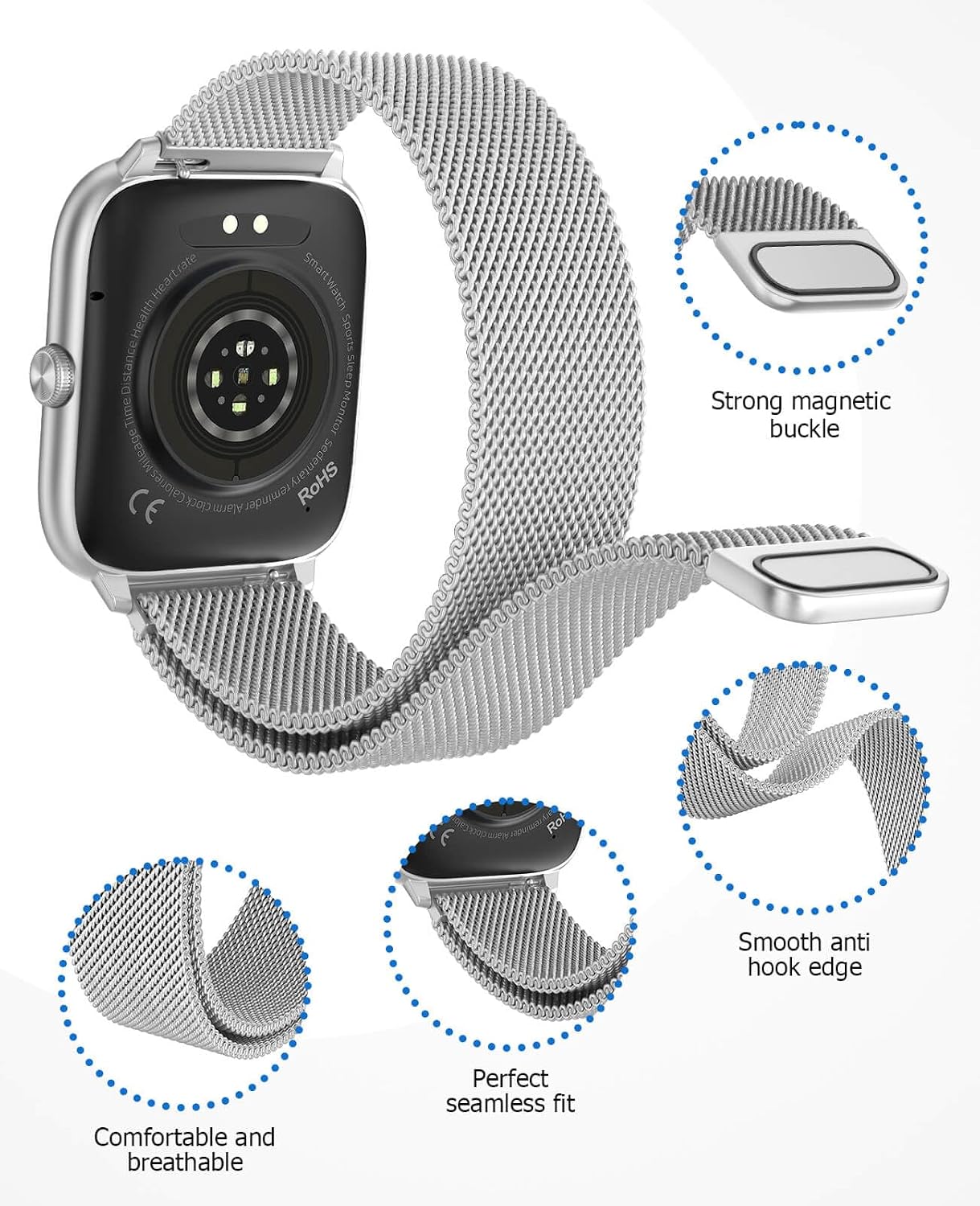 Silver Smart Watch for Men Women with Blood Pressure Monitor, 2.06' AMOLED Display, Metal IP68 Waterproof Fitness Tracker, 118 Sports, Heart Rate/SpO2/Sleep, Tech Gift, Android iPhone Compatible