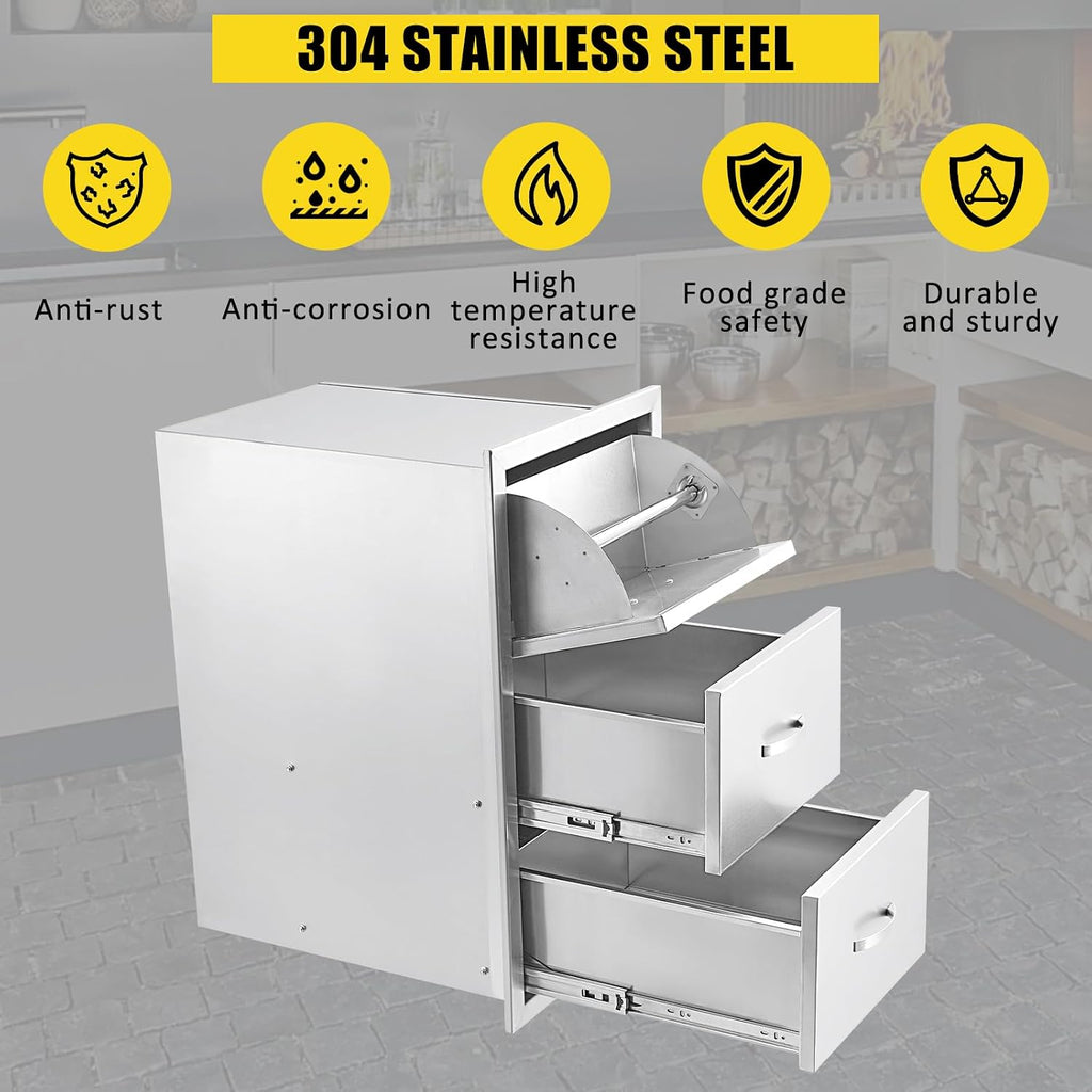 17W x 21D x 30H Inch Outdoor Kitchen Drawers Stainless Steel, Flush Mount Triple Drawers with Stainless Steel Handle, Venting Panel Weatherproof for Kitchen Island Patio, Grill Station