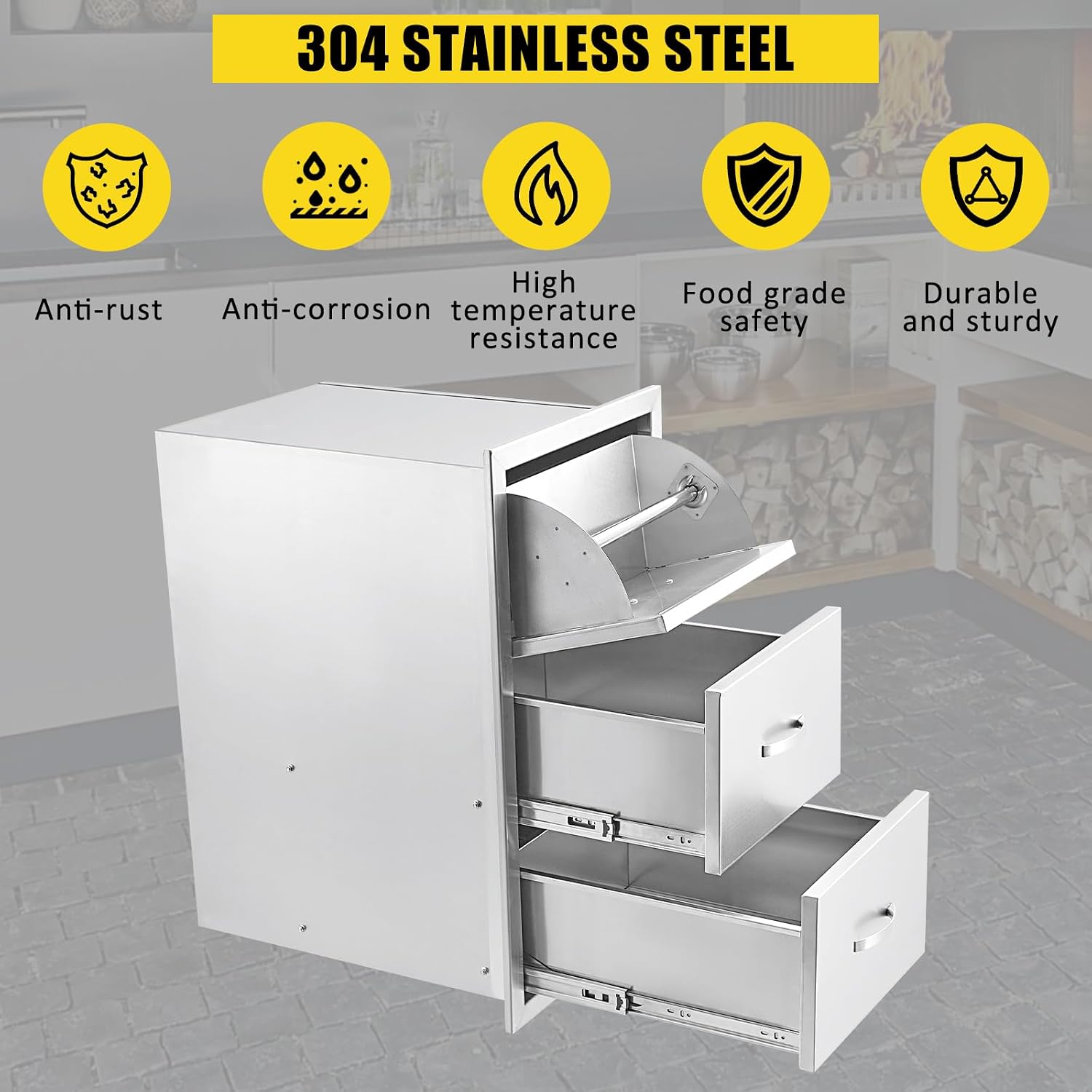 17W x 21D x 30H Inch Outdoor Kitchen Drawers Stainless Steel, Flush Mount Triple Drawers with Stainless Steel Handle, Venting Panel Weatherproof for Kitchen Island Patio, Grill Station