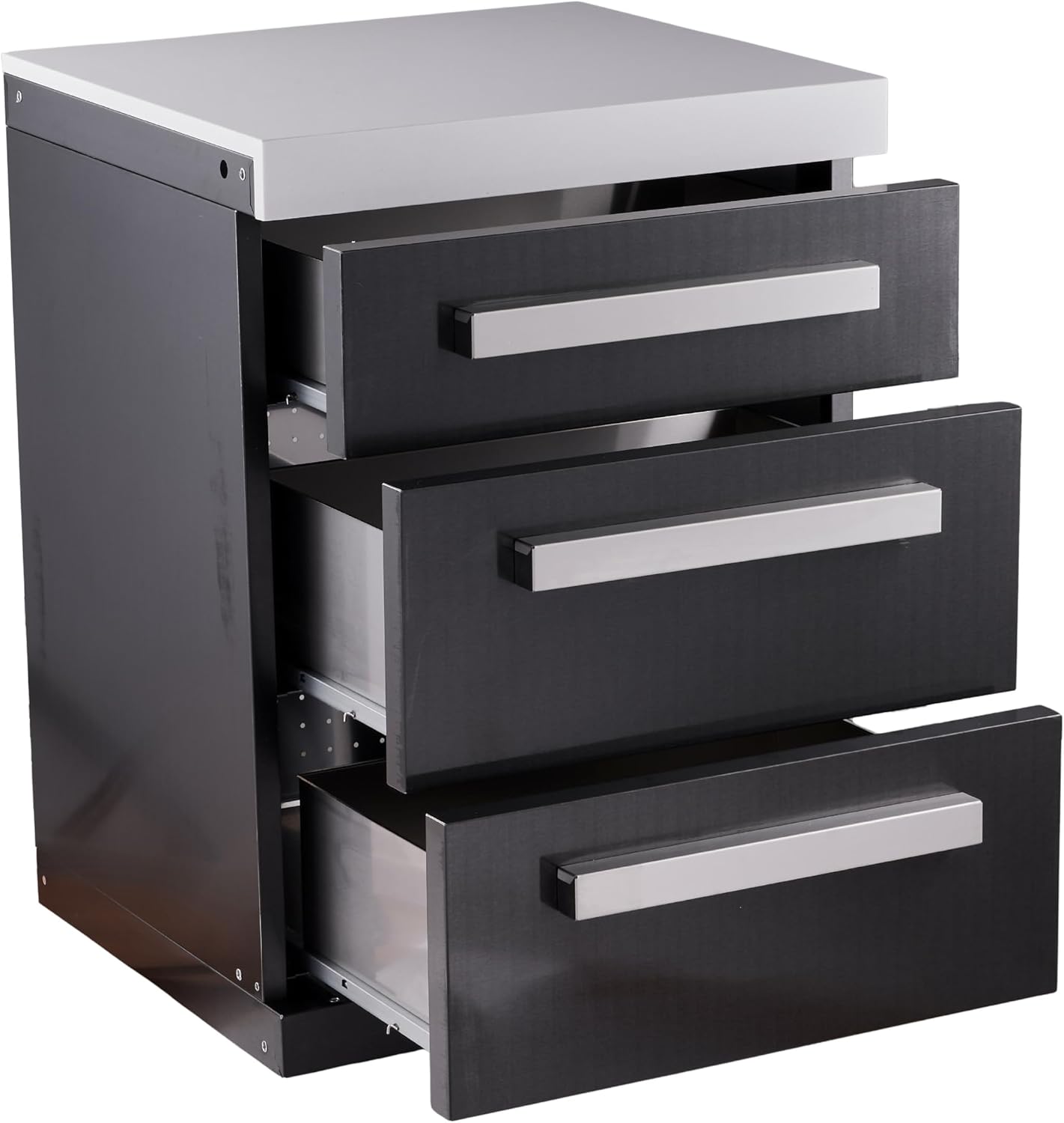 Mont Alpi Premium 25'W Extra Storage Soft-Closing 3-Drawer Slides Black Stainless Steel Right Cabinet Module for Black Series MAi805 & MAi400 Outdoor Kitchen Island Grills + White Granite Countertops