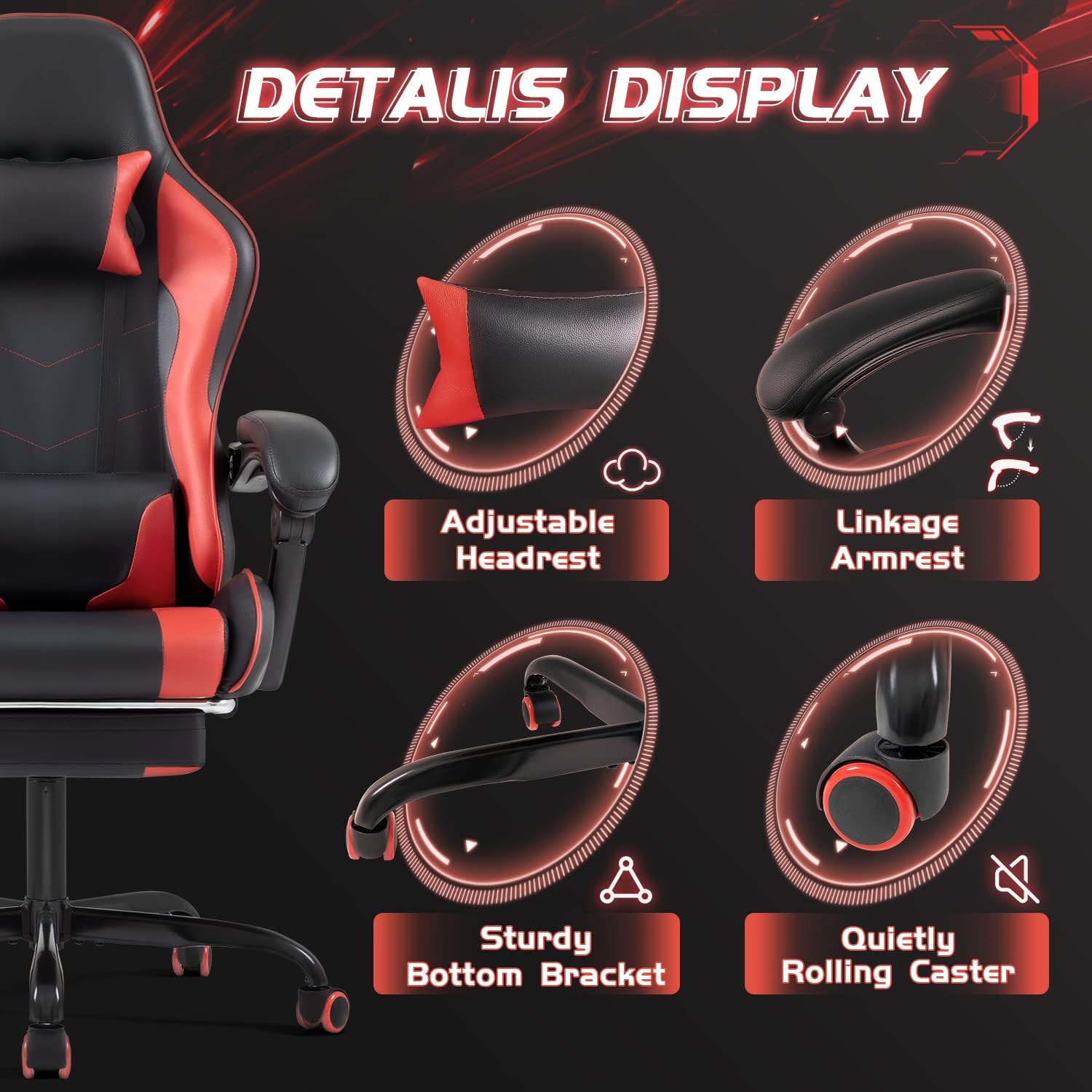 Shahoo Gaming Chair, Video Gaming Chair with Footrest and Lumbar Support, Ergonomic Computer Chairs with 360° Swivel and Height Adjustable, Spin Chair with Headrest for Home Office, Study Room (Red)