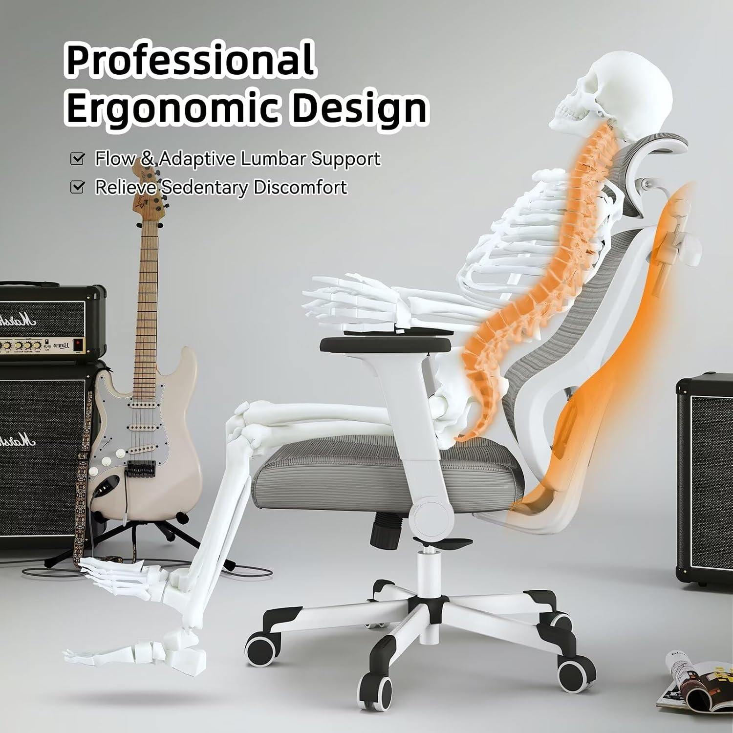 Ergonomic Office Chair Reclining Gaming Chair Adjustable Lumbar Support 4D Armrest 6D Headrest Breathable Mesh Swivel Computer Chairs Home Studio Chairs Desk Chair Coat Hanger Tilt Lock (Grey)