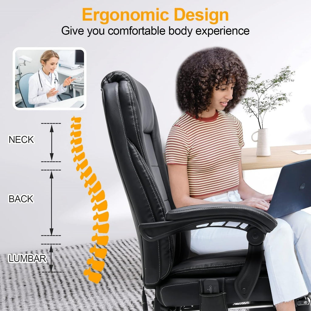 HOMREST 6-Point Massage Reclining Office Chair, Leather Heating Executive Chair, Ergonomic Home Office Desk Chair with Retractable Footrest,Computer Chair for Home Office, Study, Gaming