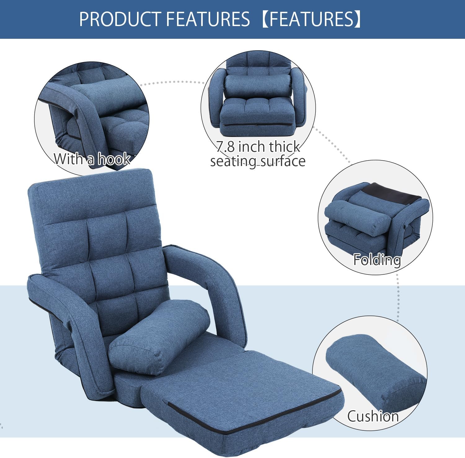 42-Position Adjustable Floor Chair, Chaise Lounge Indoor, Folding Lazy Sofa with Armrests and a Pillow Padded Adults Gaming Chairs for Living Room, Bedroom Factory Price, 8803XM (Blue)
