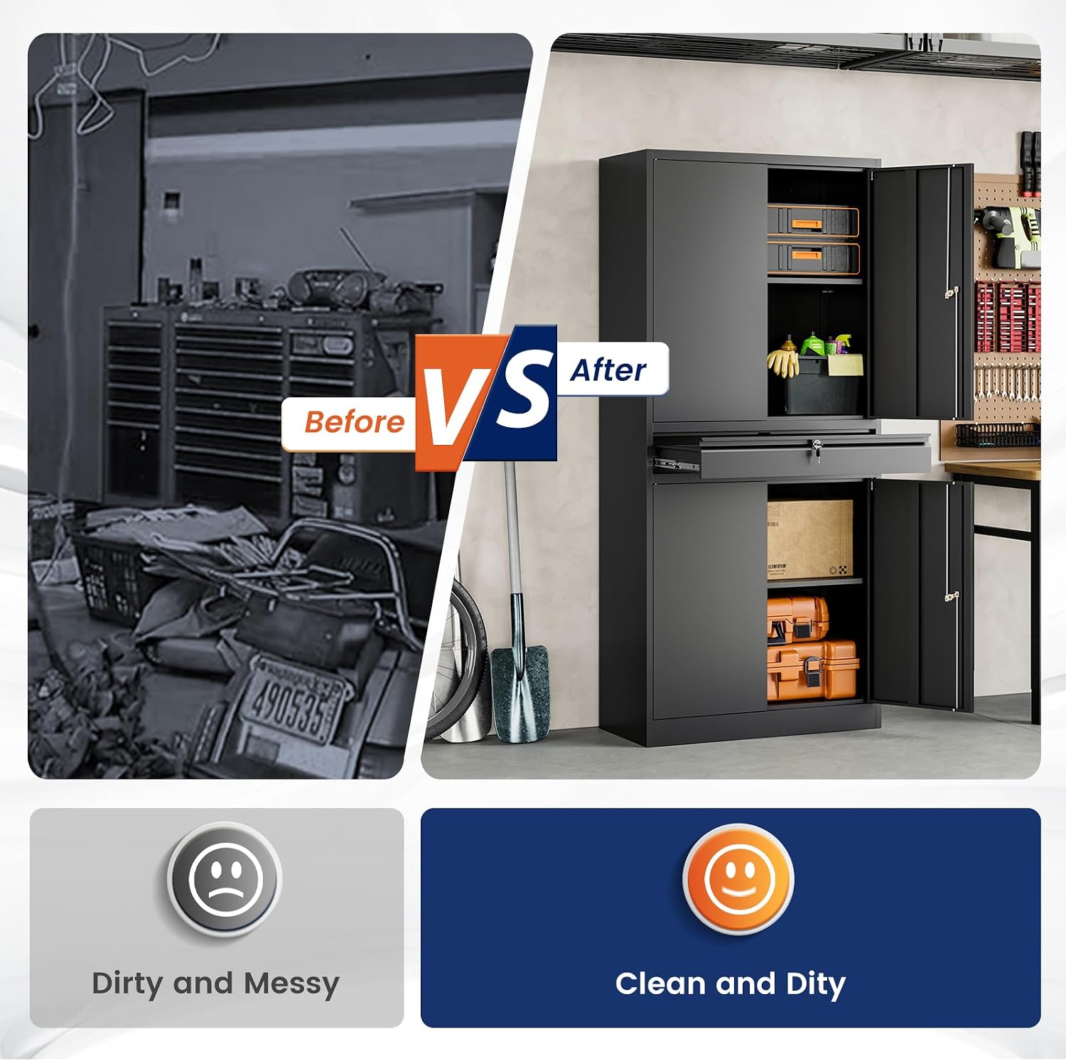 Yizosh Metal Garage Storage Cabinet with Locking Doors and Adjustable Shelves, 71' Tool Storage Cabinet with 1 Drawer for Garage,Warehouse (Black)