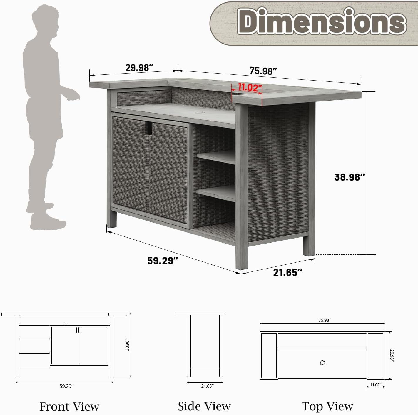 Outdoor Bar Table with Storage, Aluminum & PE Wicker Patio Bar Tables, Outdoor Kitchen Cabinet Furniture Weatherproof, Outside Bars for BBQ Cooking, Farmhouse Buffet with Shelves, Wood Grain