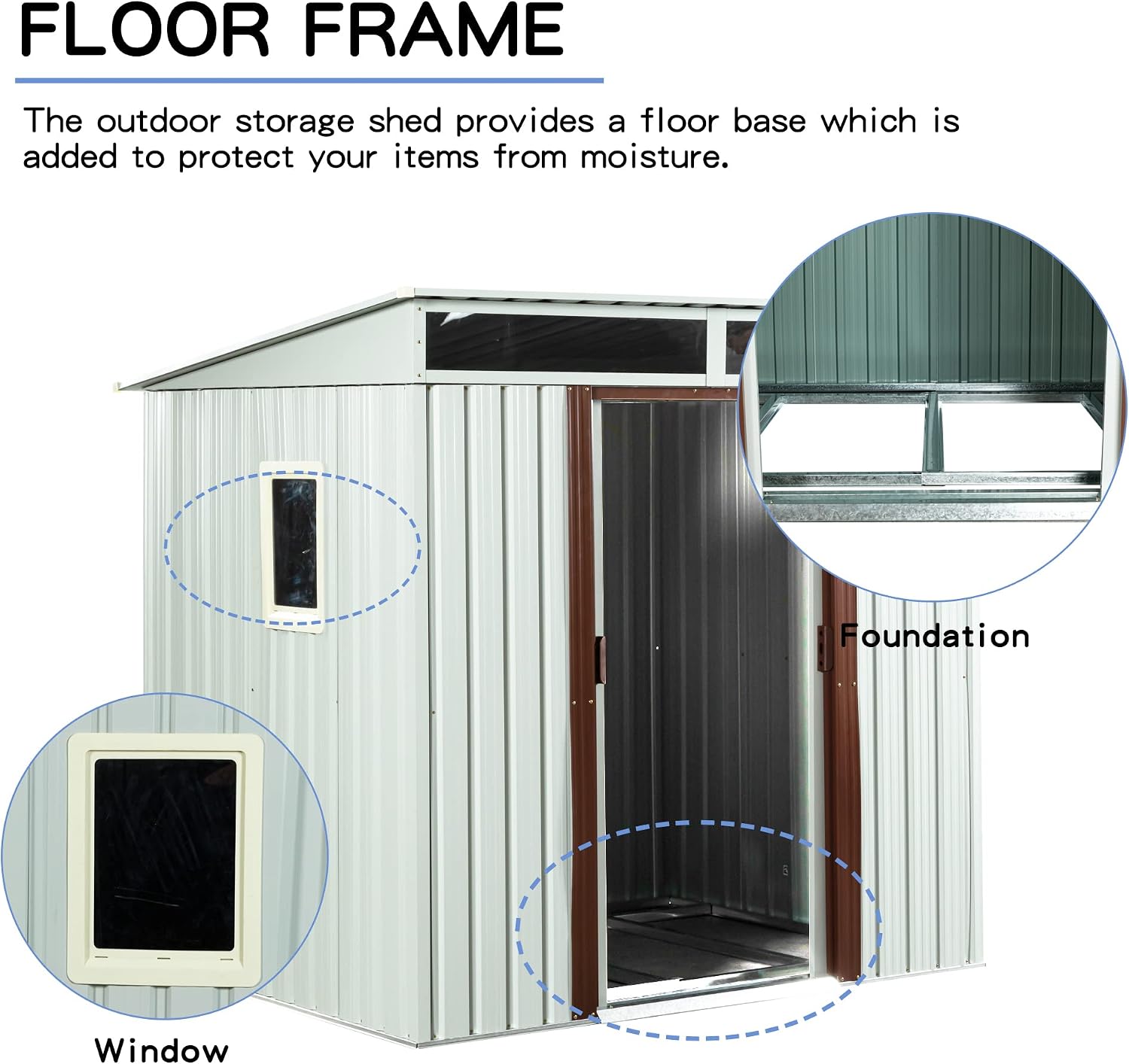 JT 6X4.5FT Outdoor Storage Shed, Galvanized Metal Garden Shed with Window and Metal Foundation, Tool Storage Shed for Patio Lawn Backyard (White-with The window-6ftx4.5ft)
