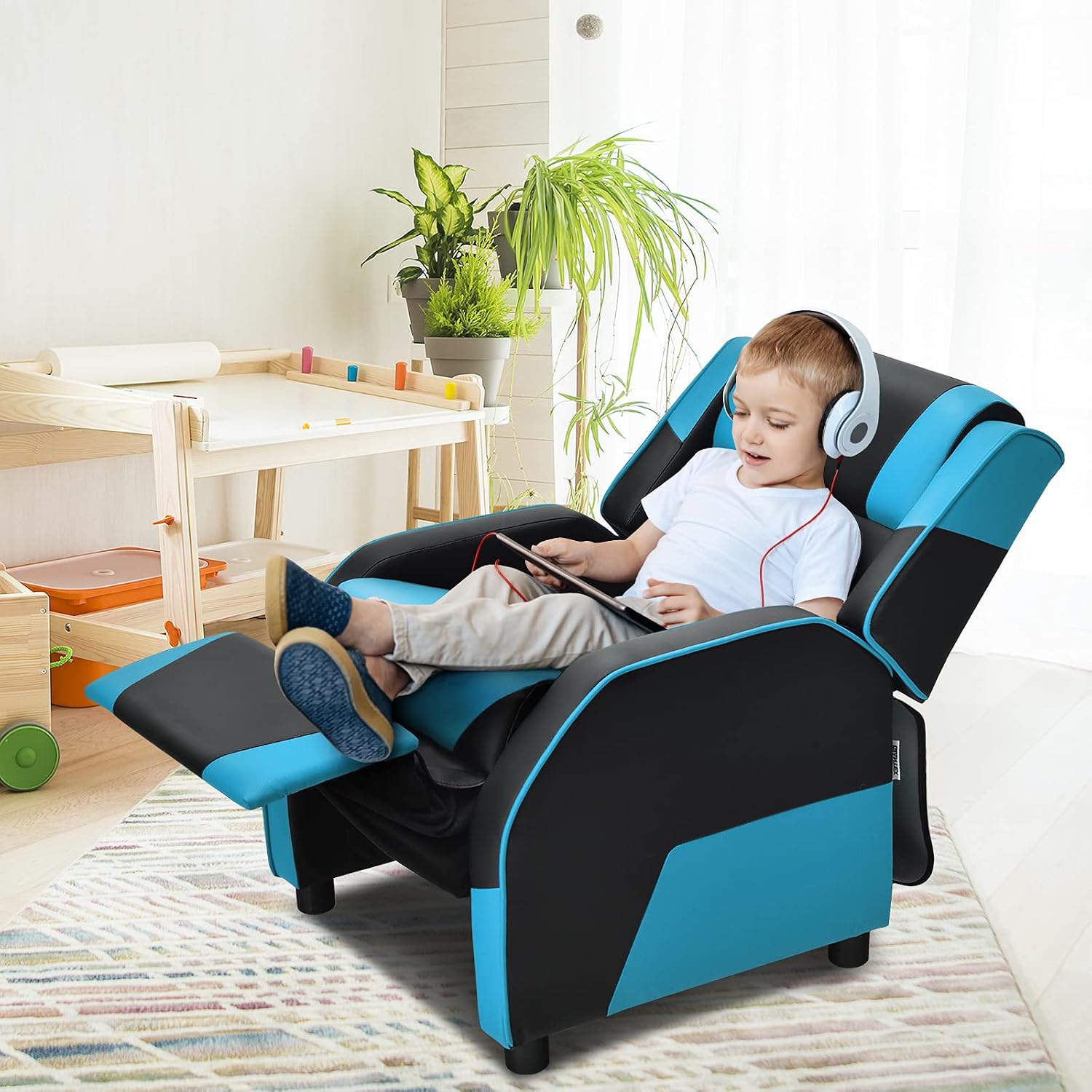 HONEY JOY Kids Recliner, Youth Game Reclining Chair w/Headrest & Back Pillow, Upholstered Leather Lounge Chair for Boys Girls, Manual Adjustable Toddler Single Sofa Chair for Living Room (Blue)