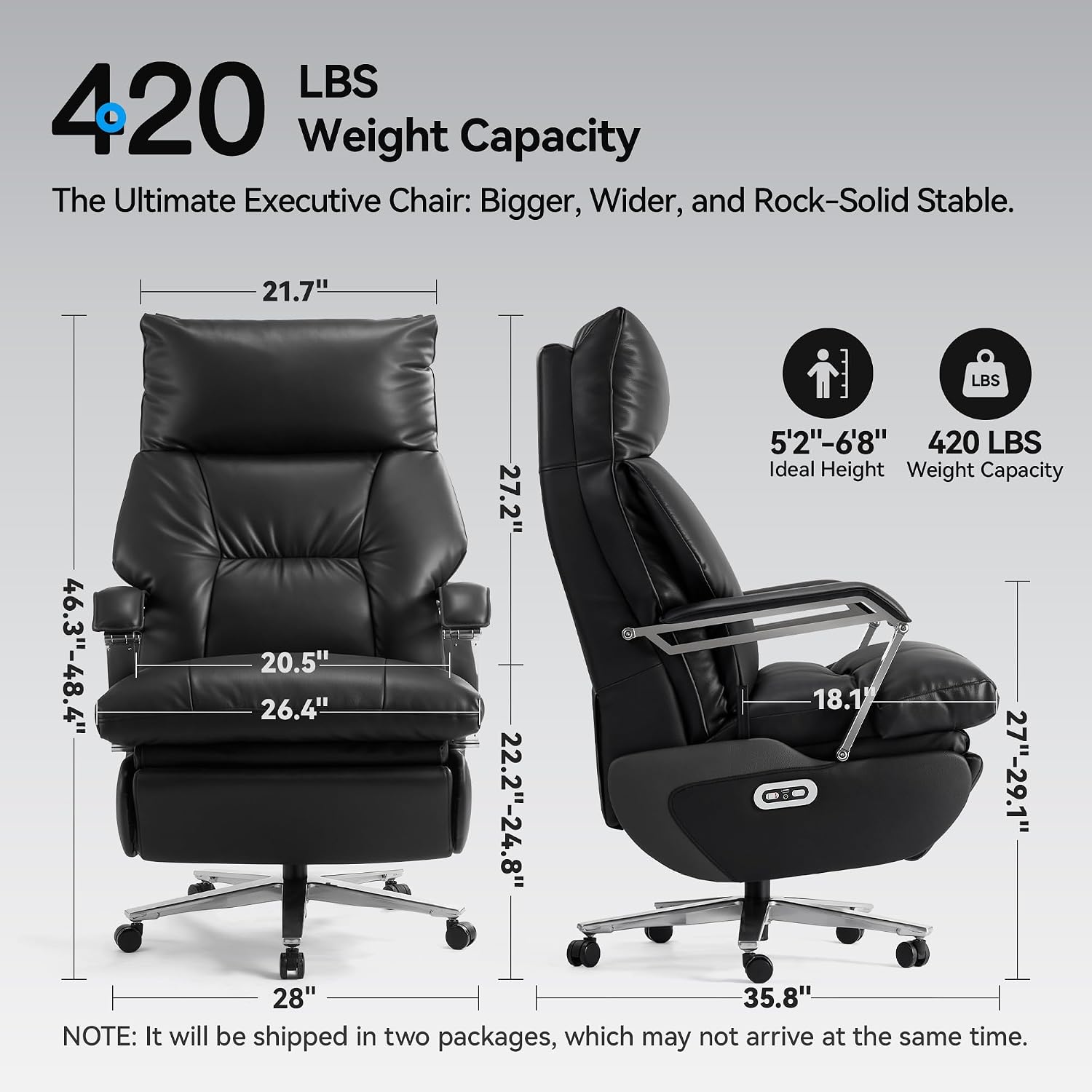 OKUP® M80 Dual Motor Electric Executive Office Chair with Footrest, Comfortable Reclining Office Chair Wide Seat, Big and Tall Ergonomic Leather Home Office Desk Chair (Black,No Massage)