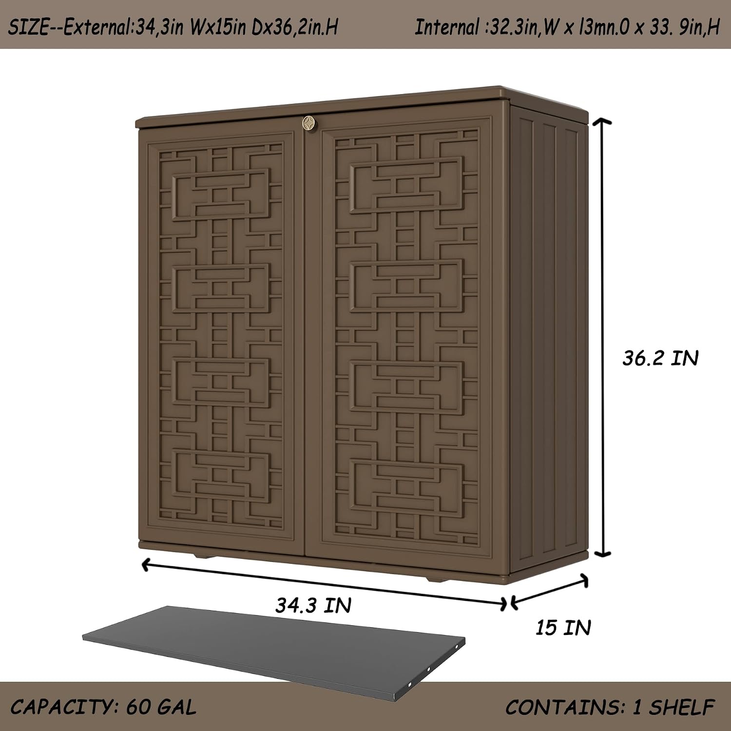 Mrosaa Storage Box Outdoor Caninet,Resin Indoor Storage Box Waterproof Outdoor Storage Cabinets for Patio/Garden/Backyard, Size 34.3''L*15''W*36.2''H(Brown)