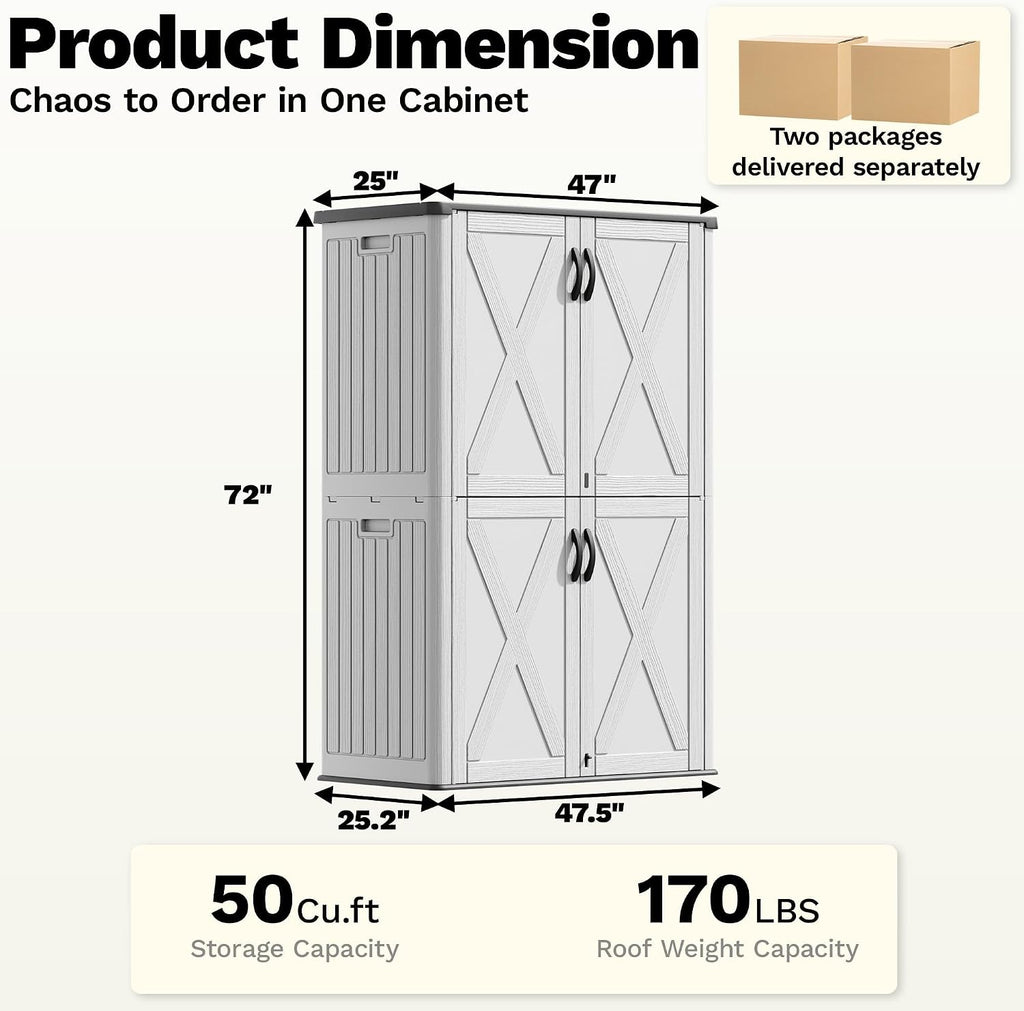 Devoko 50 Cu Ft Plastic Outdoor Storage Shed, Vertical Resin Storage Cabinet with Lockable Door, Durable Storage Shed for Patio Furniture, Pool Toys, Garden Tools, White, Shelf Not Included
