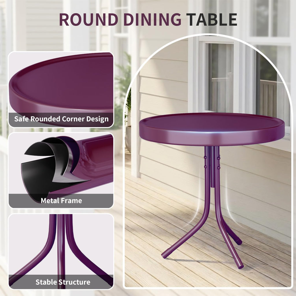 Patio Bistro Set Retro Metal Outdoor Seating Conversation 3 Pieces, 2 C-Spring Motion Armchairs and Round Side Table, for Porch, Lawn, Garden, Purple