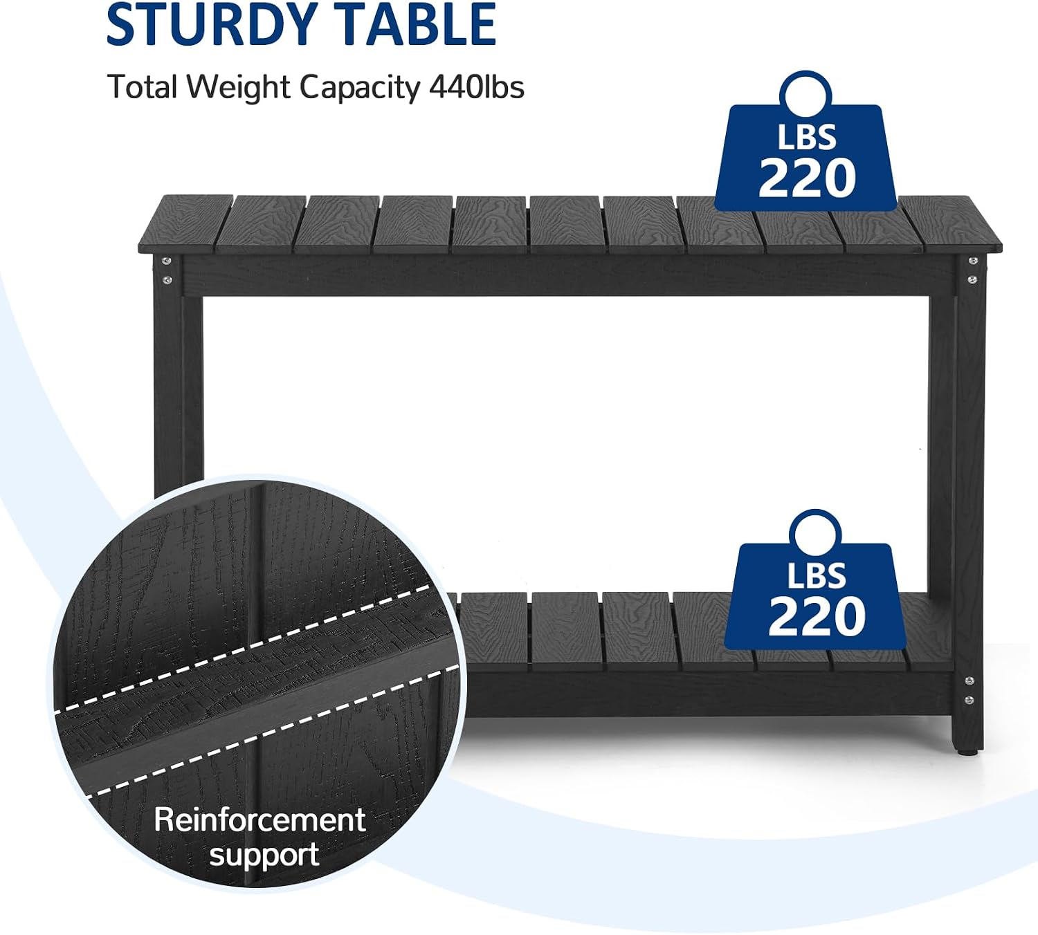 Outdoor Console Table, 48' Weather Resistant HIPS Patio Side Table, 440LBS Weight Capacity, 2-Tier Multifunctional Buffet Bar Storage Organizer for Garden Deck, Black