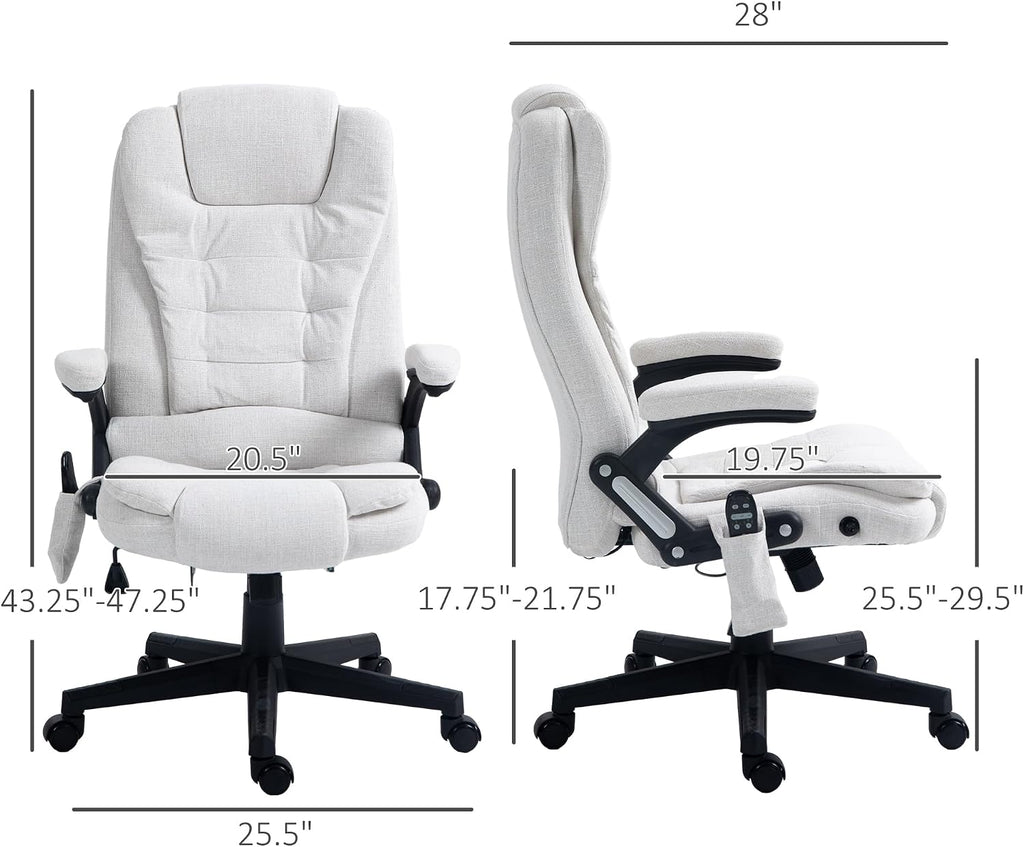 Vinsetto 6 Point Vibrating Massage Office Chair with Heat, Linen High Back Executive Office Chair with Reclining Backrest, Padded Armrests and Remote, Cream White