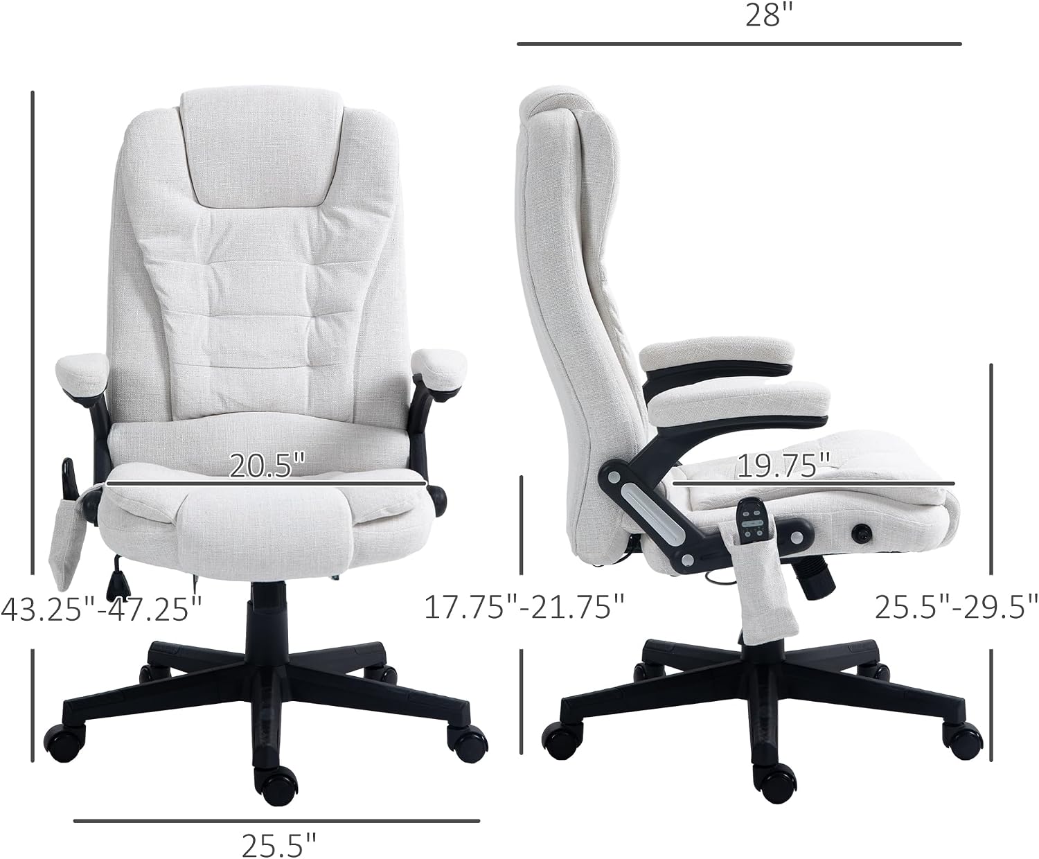 Vinsetto 6 Point Vibrating Massage Office Chair with Heat, Linen High Back Executive Office Chair with Reclining Backrest, Padded Armrests and Remote, Cream White