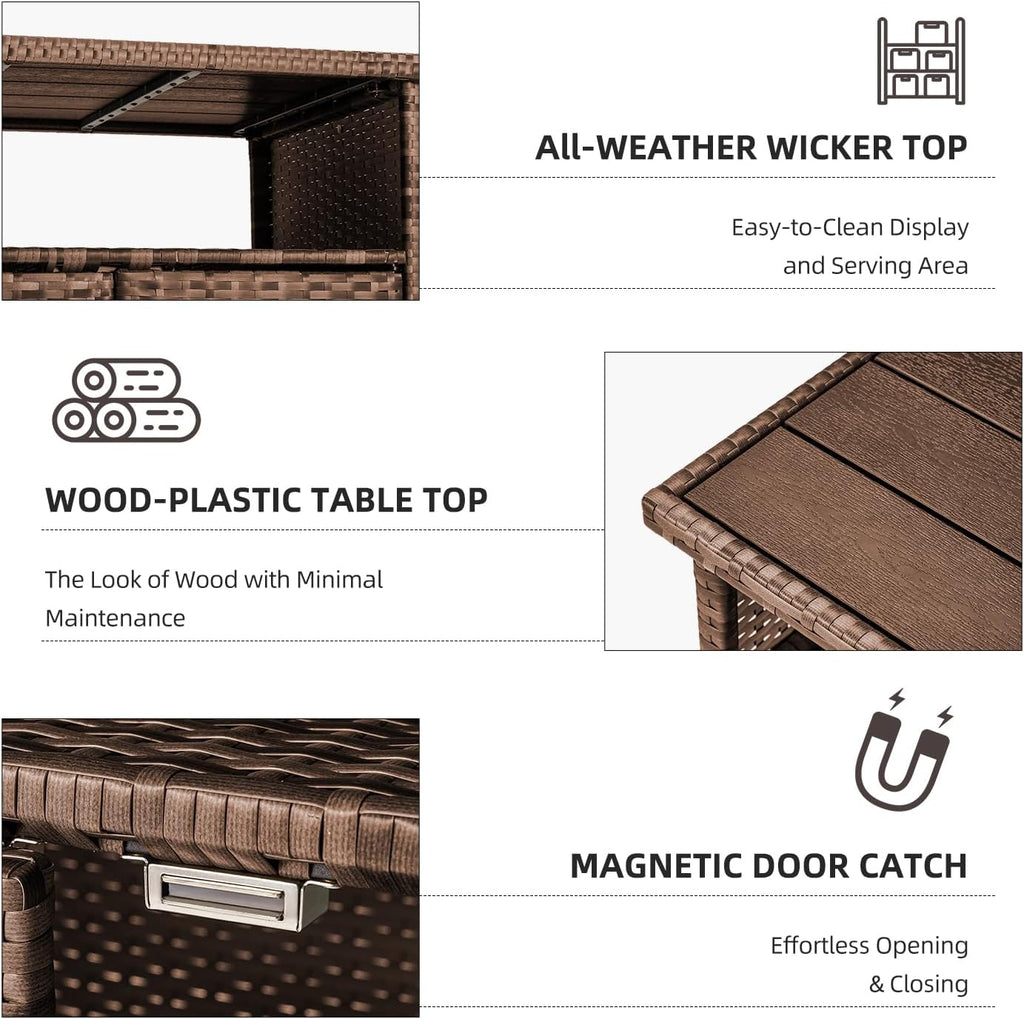 Wicker Outdoor Storage Cabinet with Wheels, Patio Grill Tables for Outside, Outdoor Storage Cabinet for Garden Buffets, Parties, Poolside Gatherings in Brown