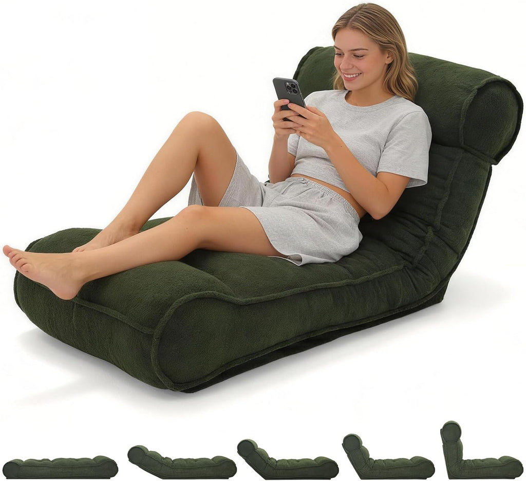 67'' Floor Chair with Back Support Meditation Chair Couch Recliner w Adjustable Backrest Lazy Floor Lounger Gaming Chair for Adults Sofa Bed Sleeper Chair Chaise Lounge Chair Indoor, Green