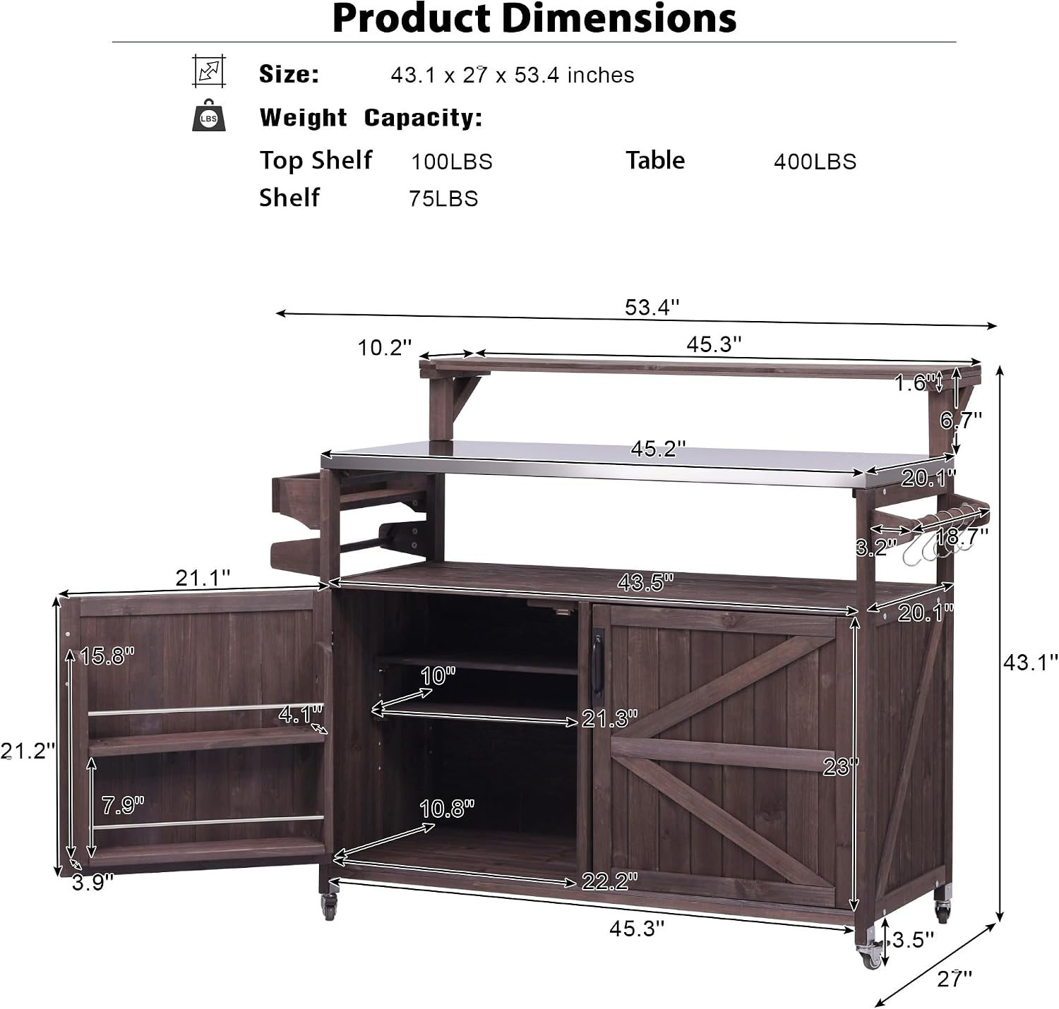 Farmhouse Outdoor Grill Bar Table with Stainless Steel Top and Raised Shelf, Solid Wood Outdoor Storage Cabinet Grill Cart with Adjustable Shelf, Outside Bar for Patio, Kitchen, BBQ, Brown
