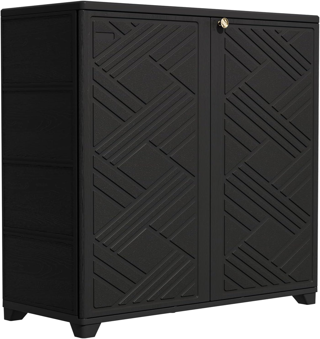 KINYING Outdoor Storage Cabinet Waterproof, 60 Gallon Resin Outdoor Storage Shed for Patio/Garden/Backyard, Outdoor Storage Box for Cushions,Garden Tools and Pool Supplies(Black with 1 Shelving)