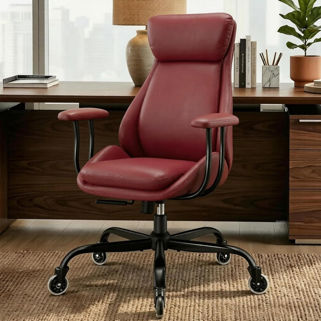 E-Motie Office Chair, Leather Desk Chair with Rubber Wheels, Ergonomic Computer Chair 500 LBS with Lumbar Support, High Back Executive Chair for Modern Home Office, Red