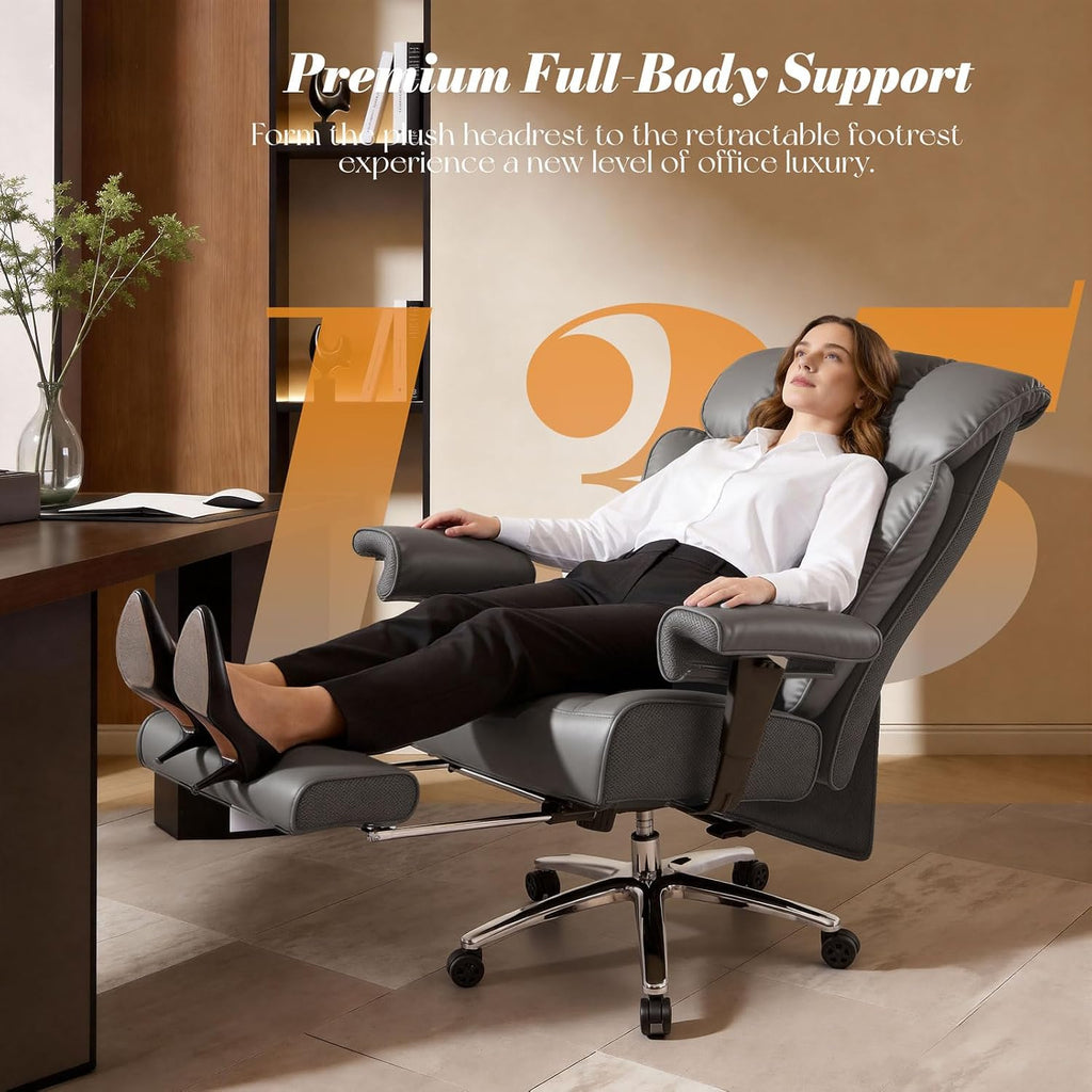 Efomao Big and Tall Office Chair 400lbs, Executive High Back Office Chair with 24' Extra Wide 6.1' Spring Cushion and Footrest, Reclining Heavy Duty Desk Chair for Home Office, Grey