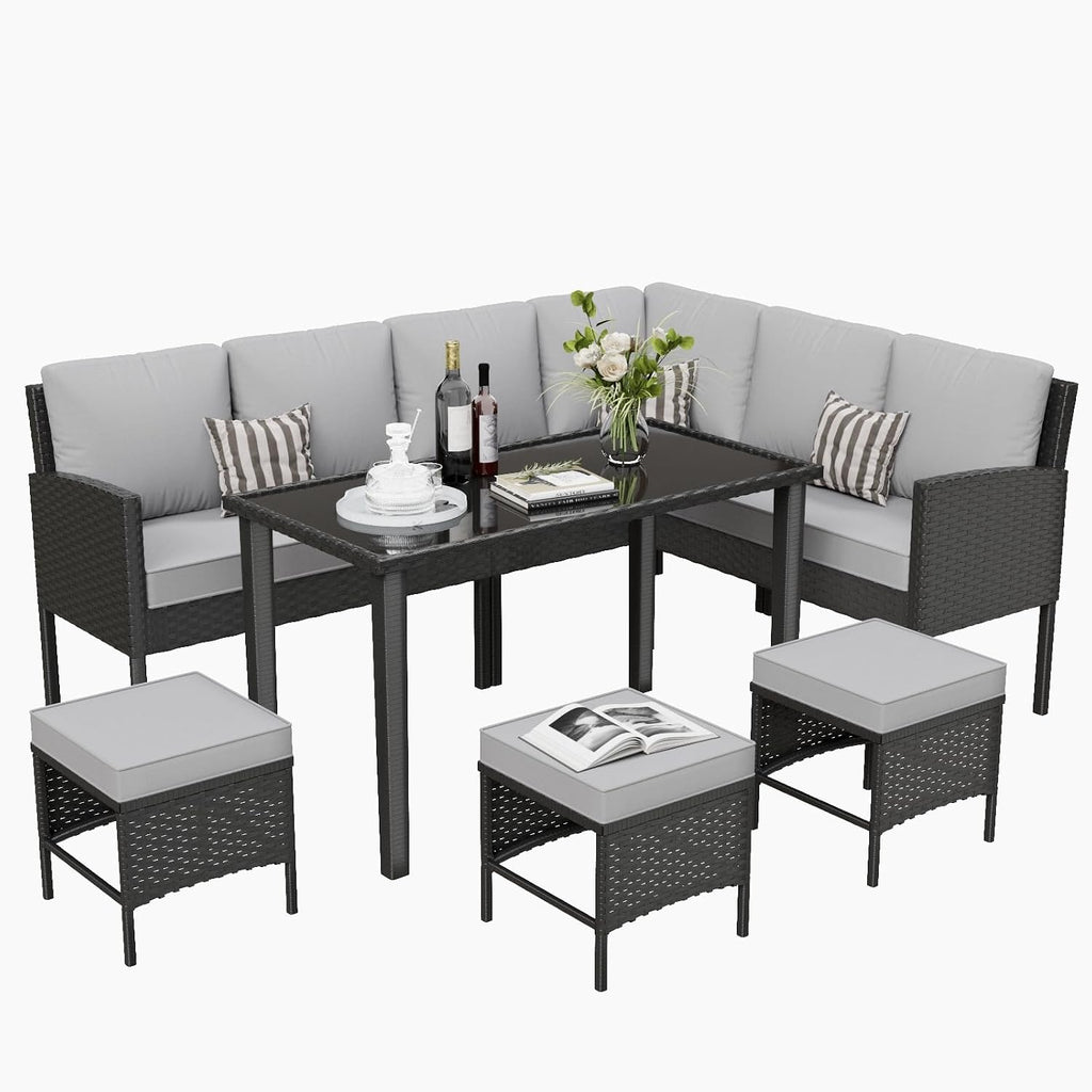 7-Piece Outdoor Patio Furniture Set, Wicker Sectional Sofa with Seat & Back Cushions & 3 Pillows, All-Weather Conversation Set with Long Glass Coffee Table for Garden, Porch, Lawn, Gray
