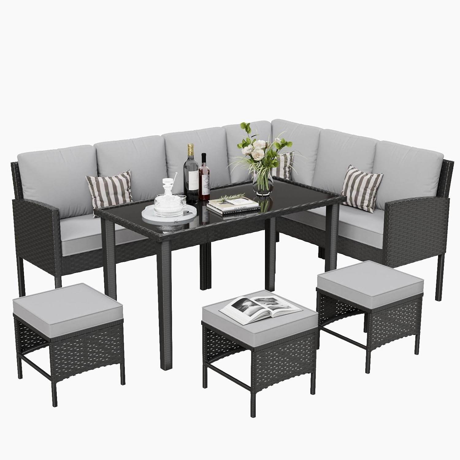 7-Piece Outdoor Patio Furniture Set, Wicker Sectional Sofa with Seat & Back Cushions & 3 Pillows, All-Weather Conversation Set with Long Glass Coffee Table for Garden, Porch, Lawn, Gray